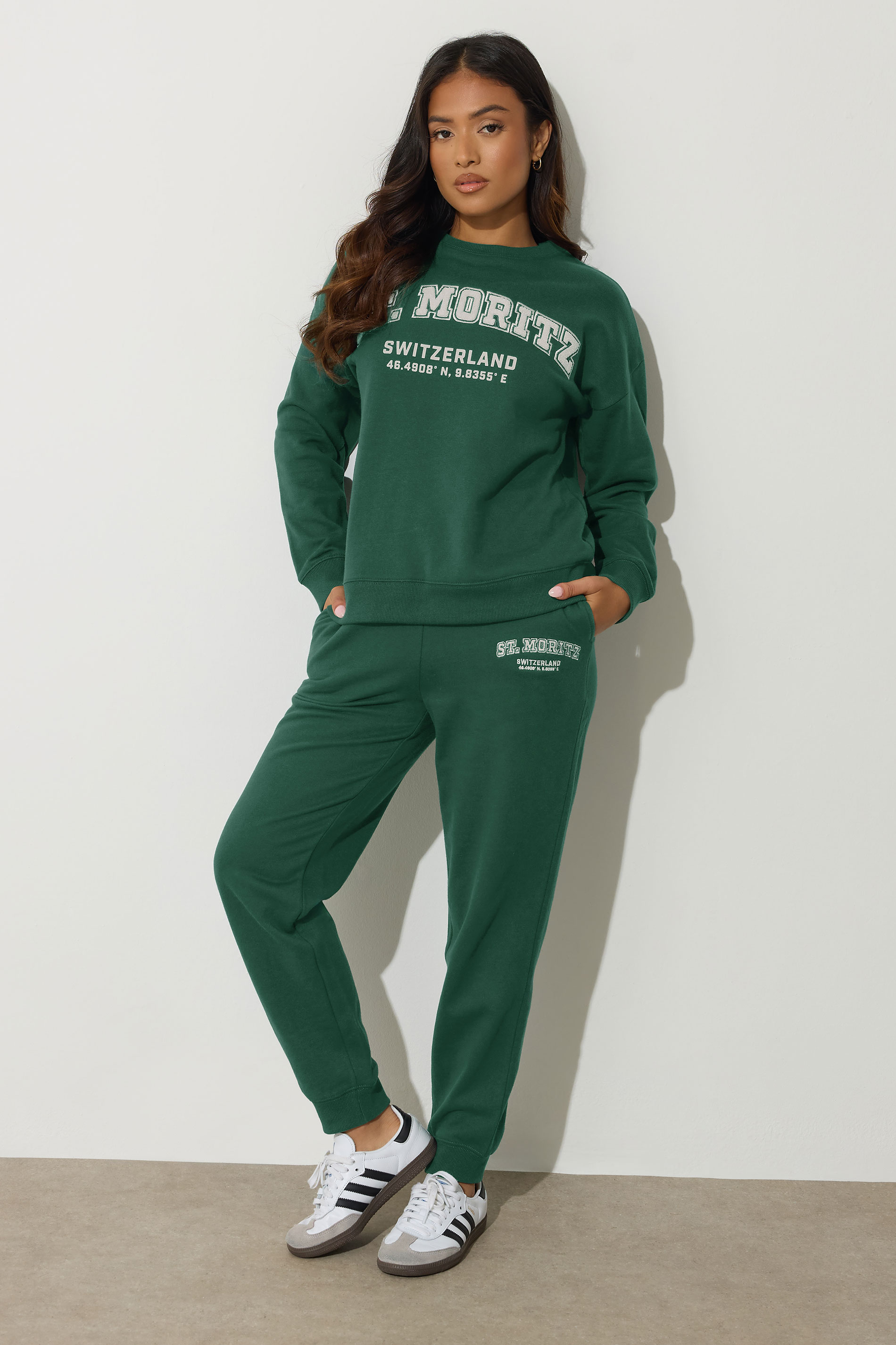 PixieGirl Petite Women's Green St Moritz Slogan Jogger | PixieGirl 1