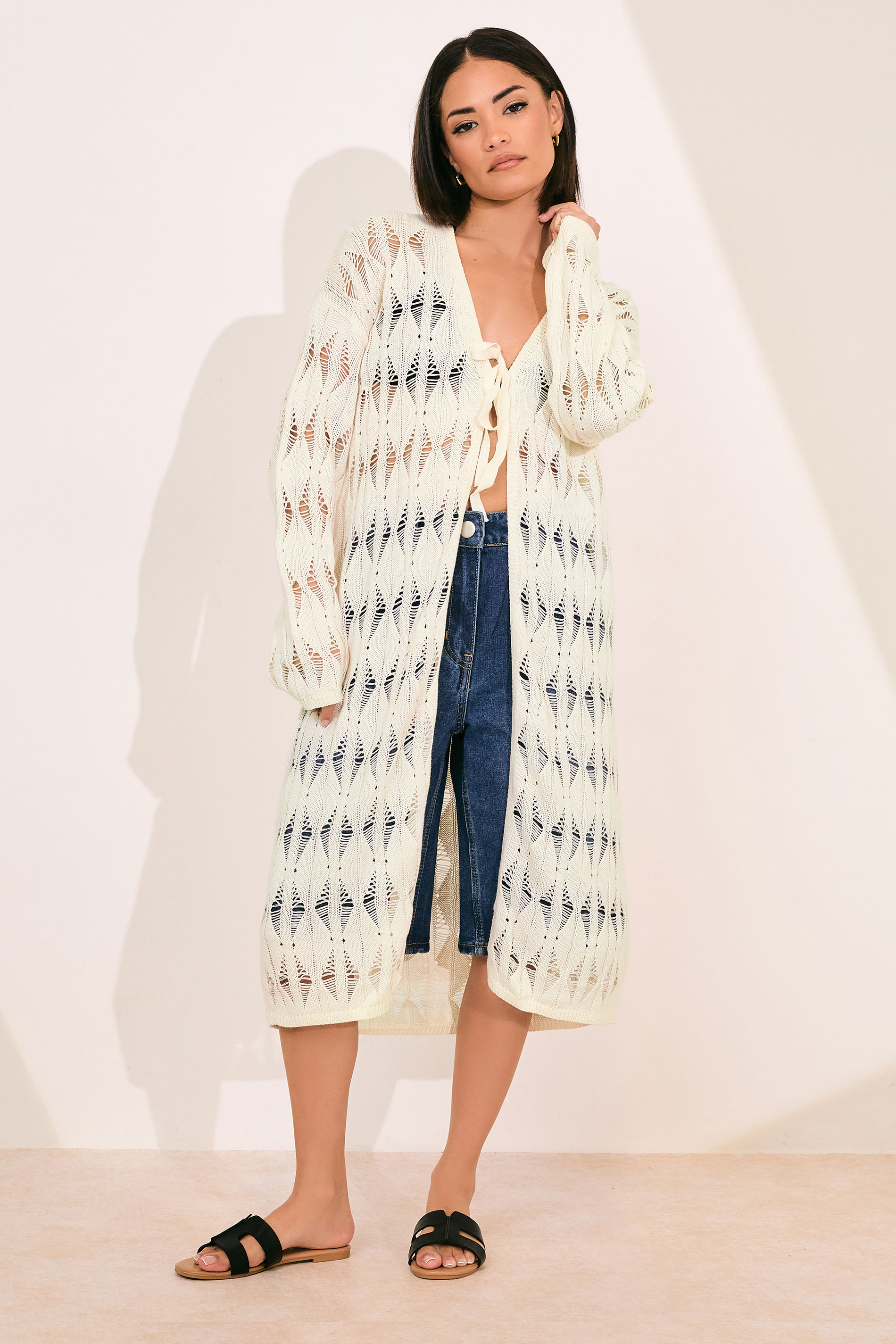 PixieGirl Petite Women's Ivory White Crochet Maxi Tie Cardigan | PixieGirl 3