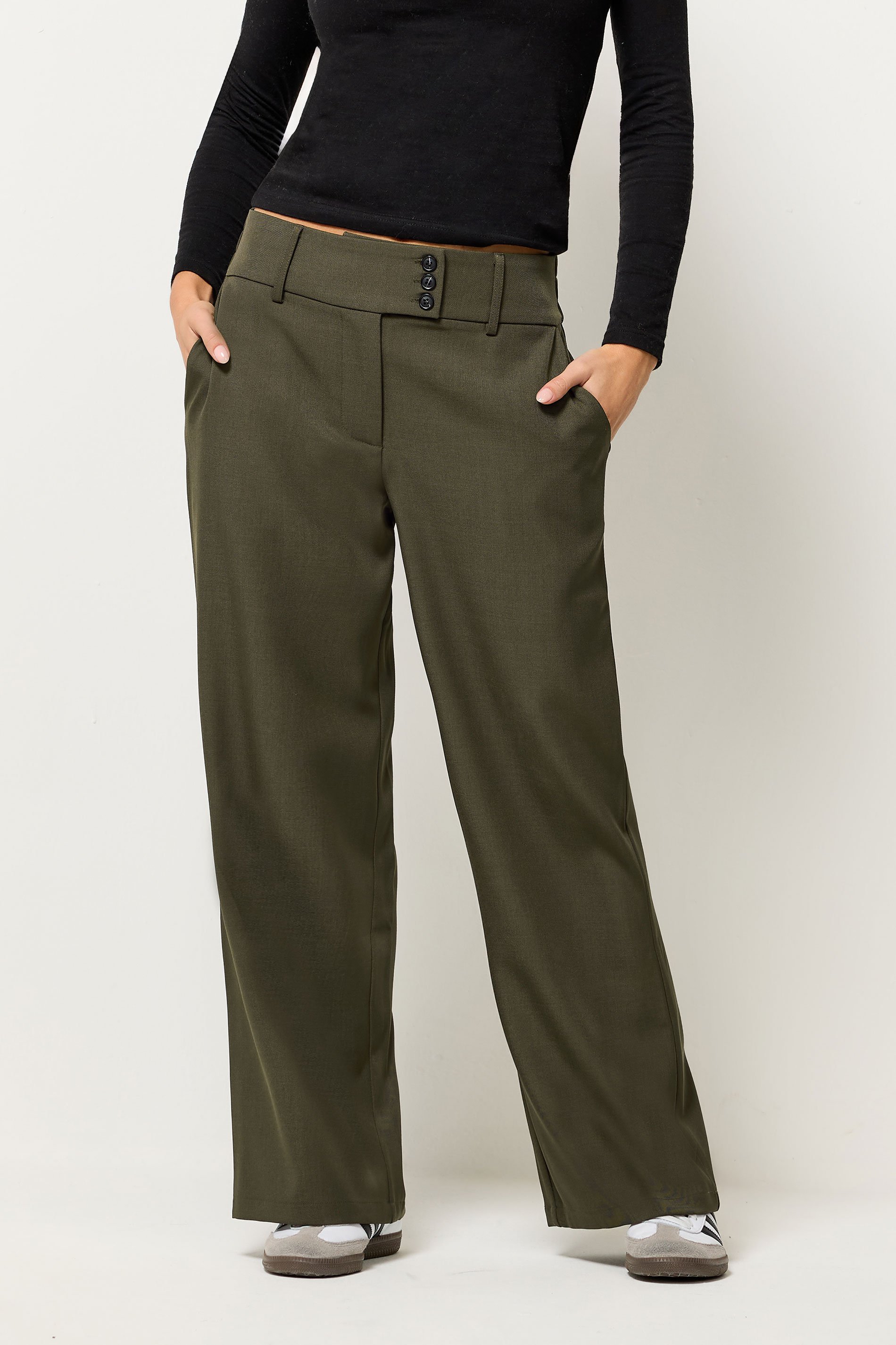 PixieGirl Petite Women's Olive Green Button Tab Detail Wide Leg Trousers | PixieGirl 2