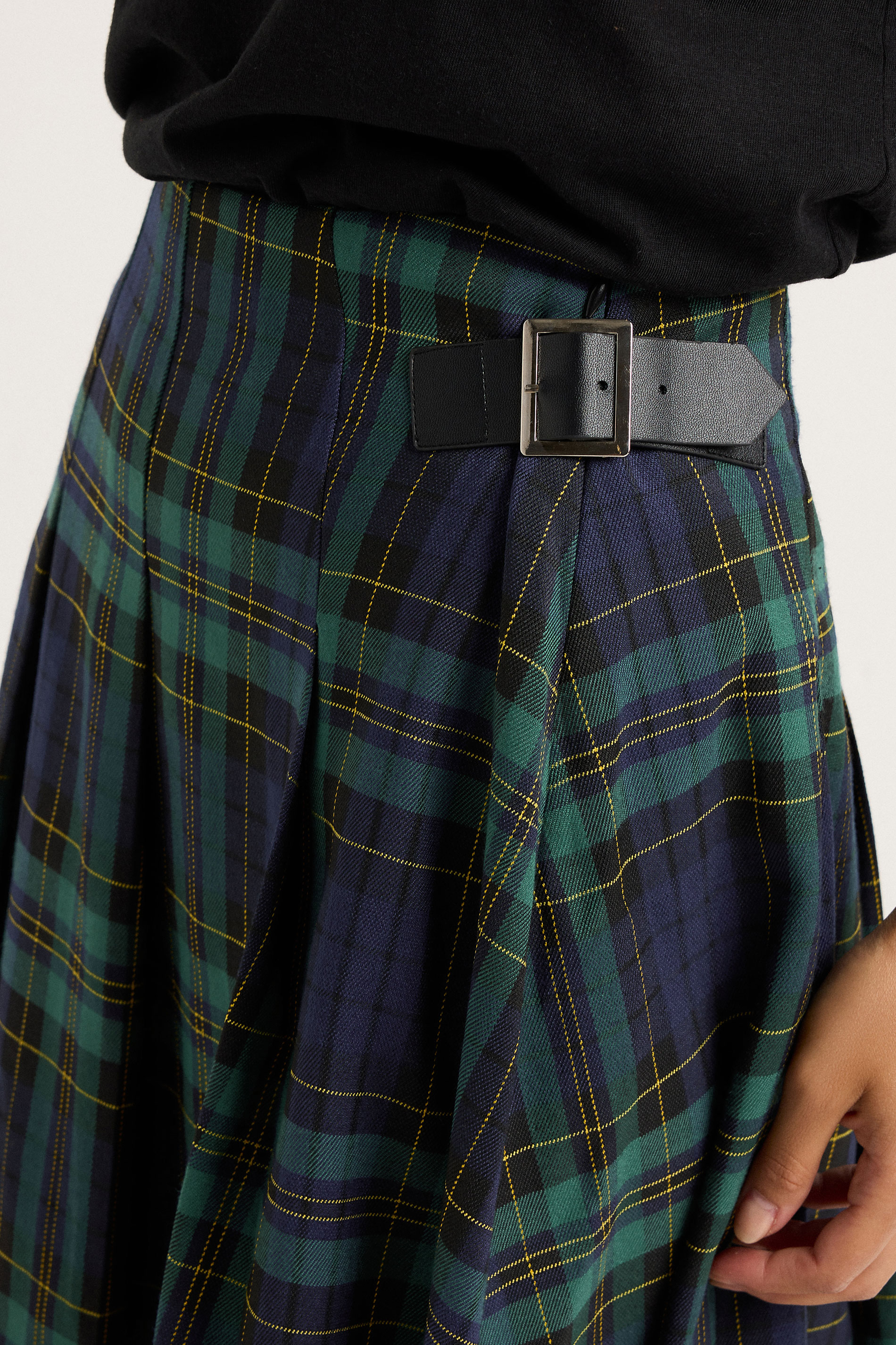 PixieGirl Petite Women's Blue & Green Check Buckle Midi Skirt | PixieGirl 6