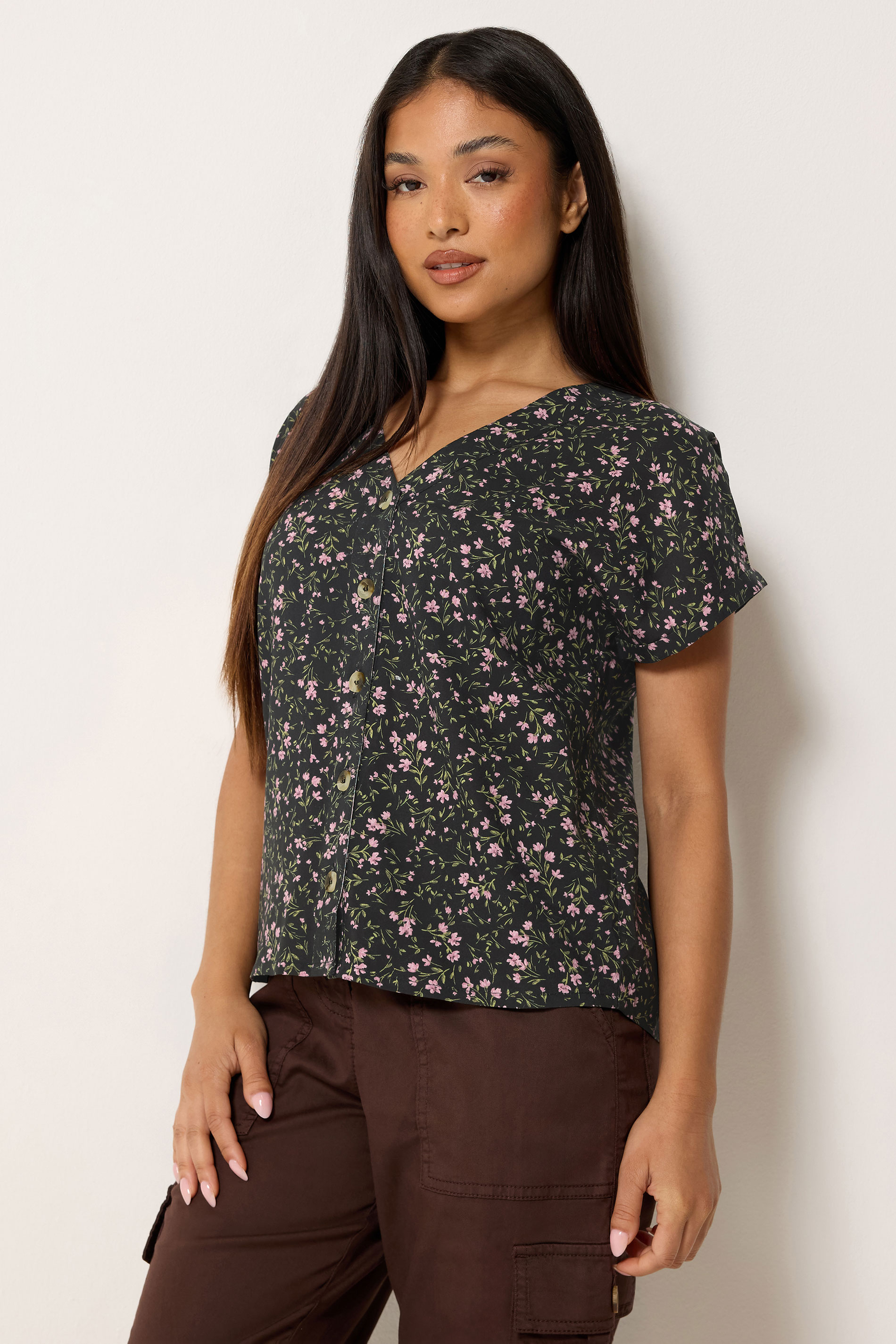 M&Co Petite Berry Purple Ditsy Floral Print Button Front Blouse | M&Co 3
