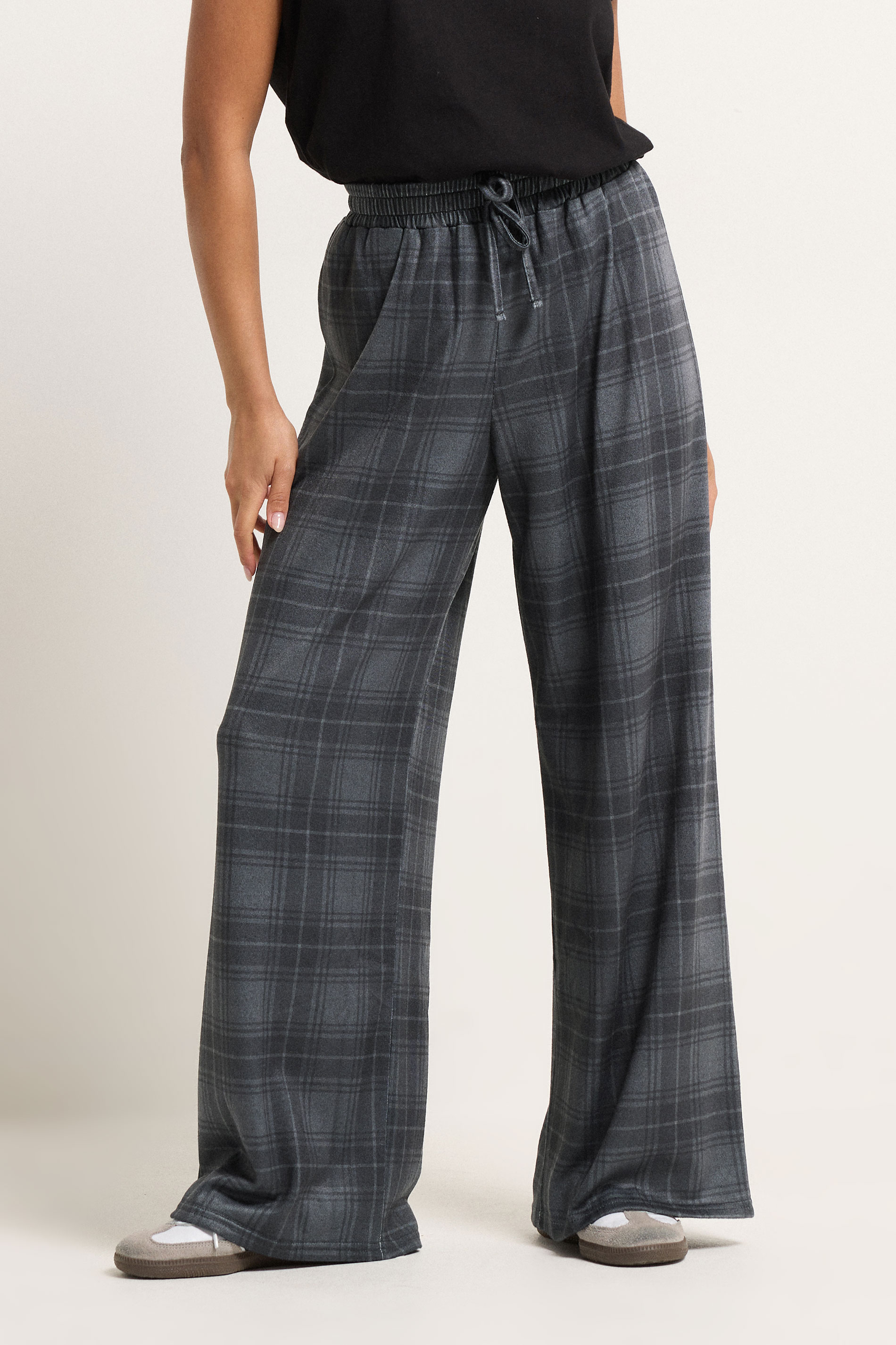 PixieGirl Petite Women's Grey Check Brushed Wide Leg Trousers | PixieGirl 3