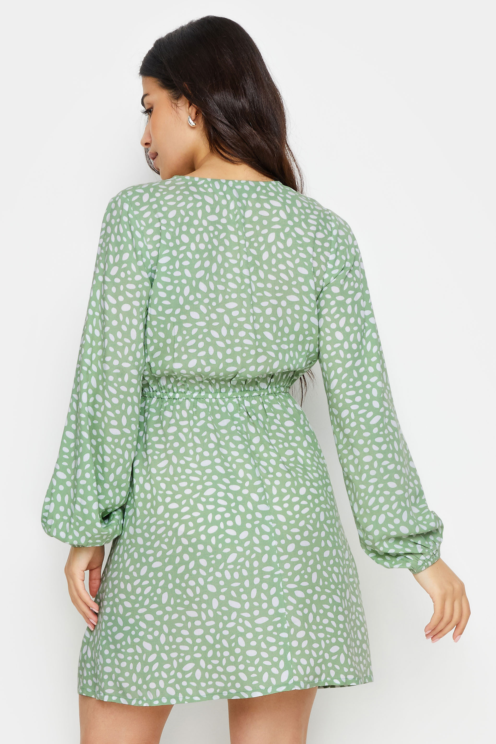 PixieGirl Petite Women's Sage Green Abstract Spot Print Mini Wrap Dress | PixieGirl 3