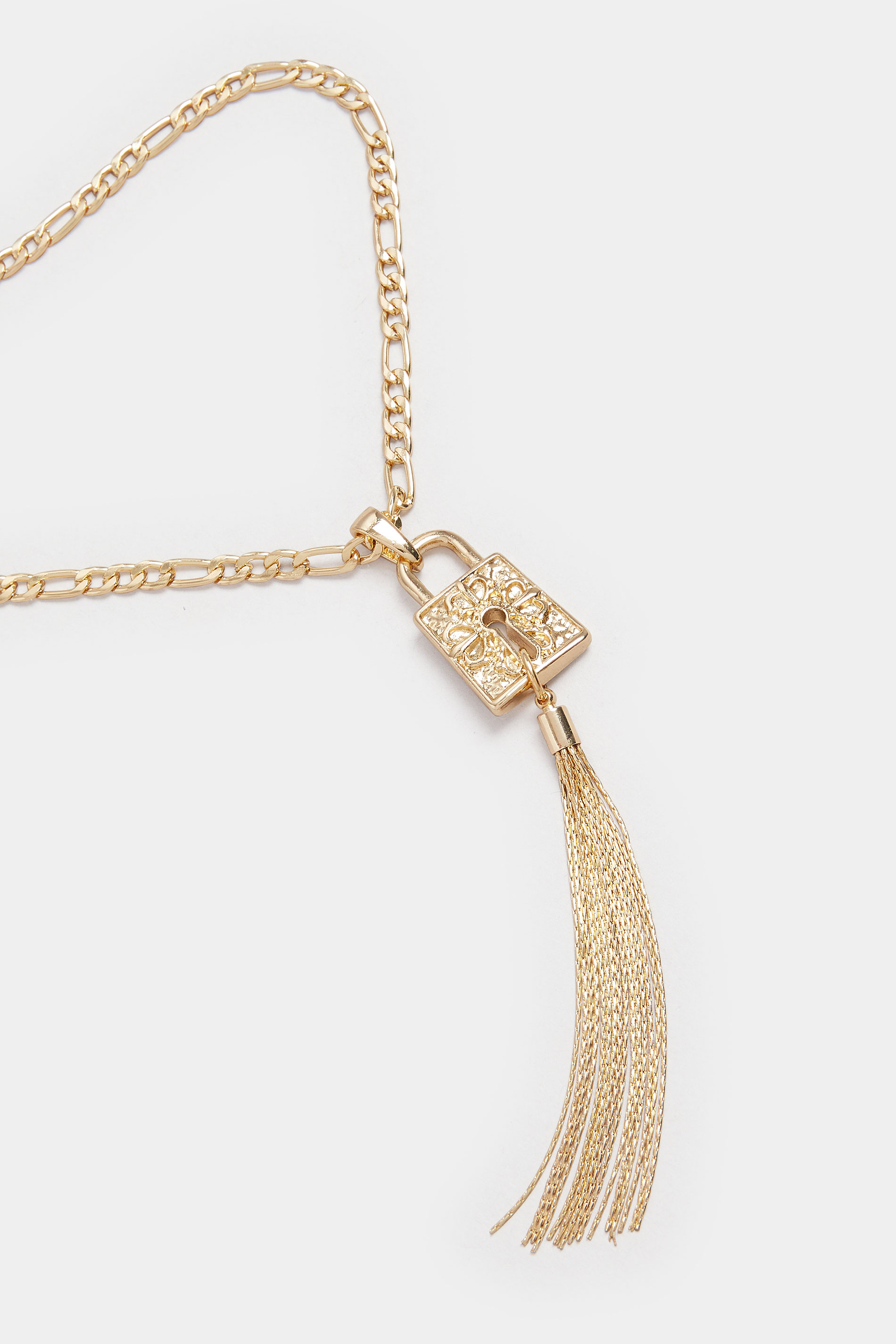 Gold Tone Long Padlock Tassel Necklace | Yours Clothing 3