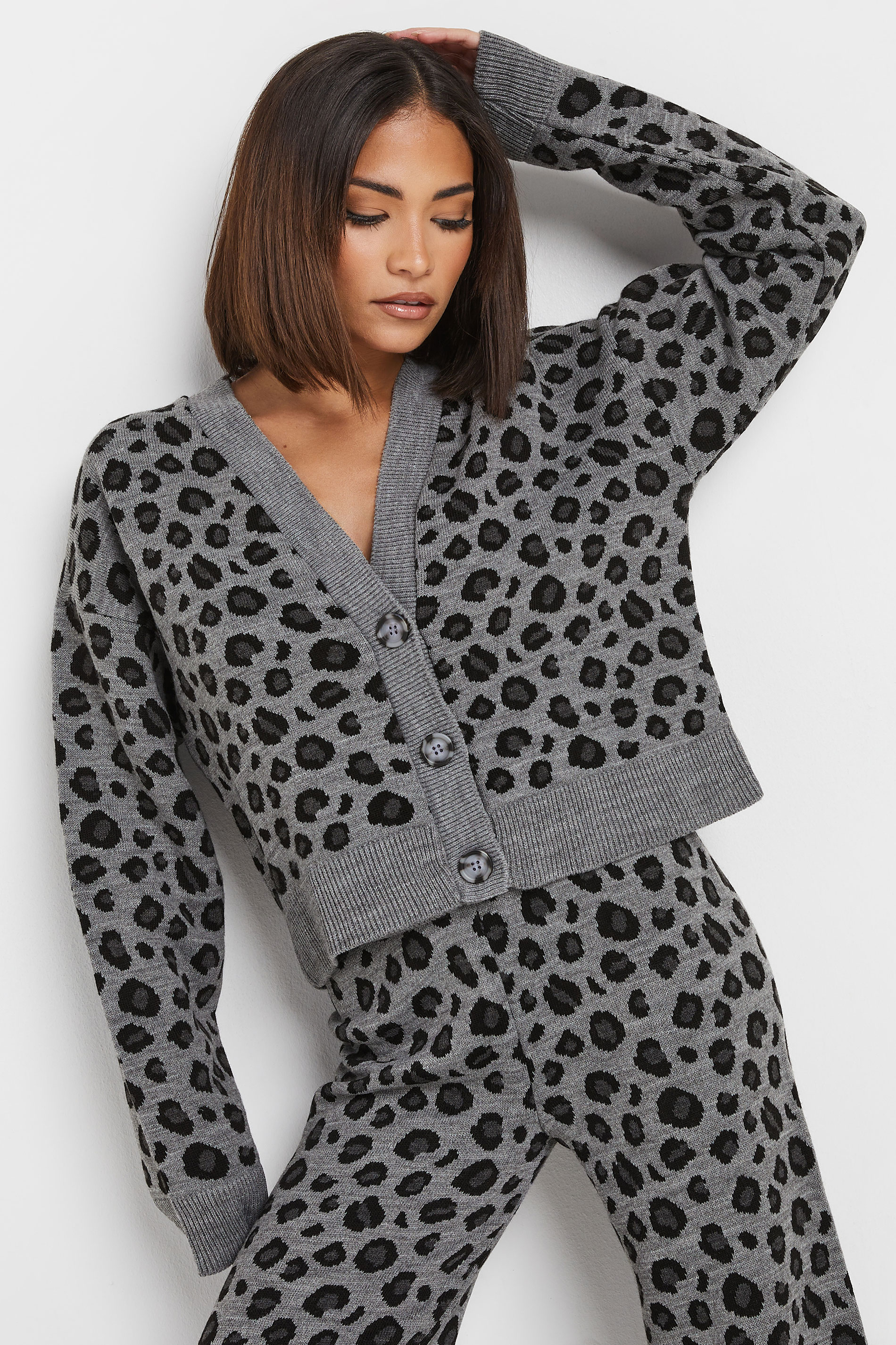 PixieGirl Petite Women's Grey Leopard Print Wide Leg Trousers | PixieGirl 2