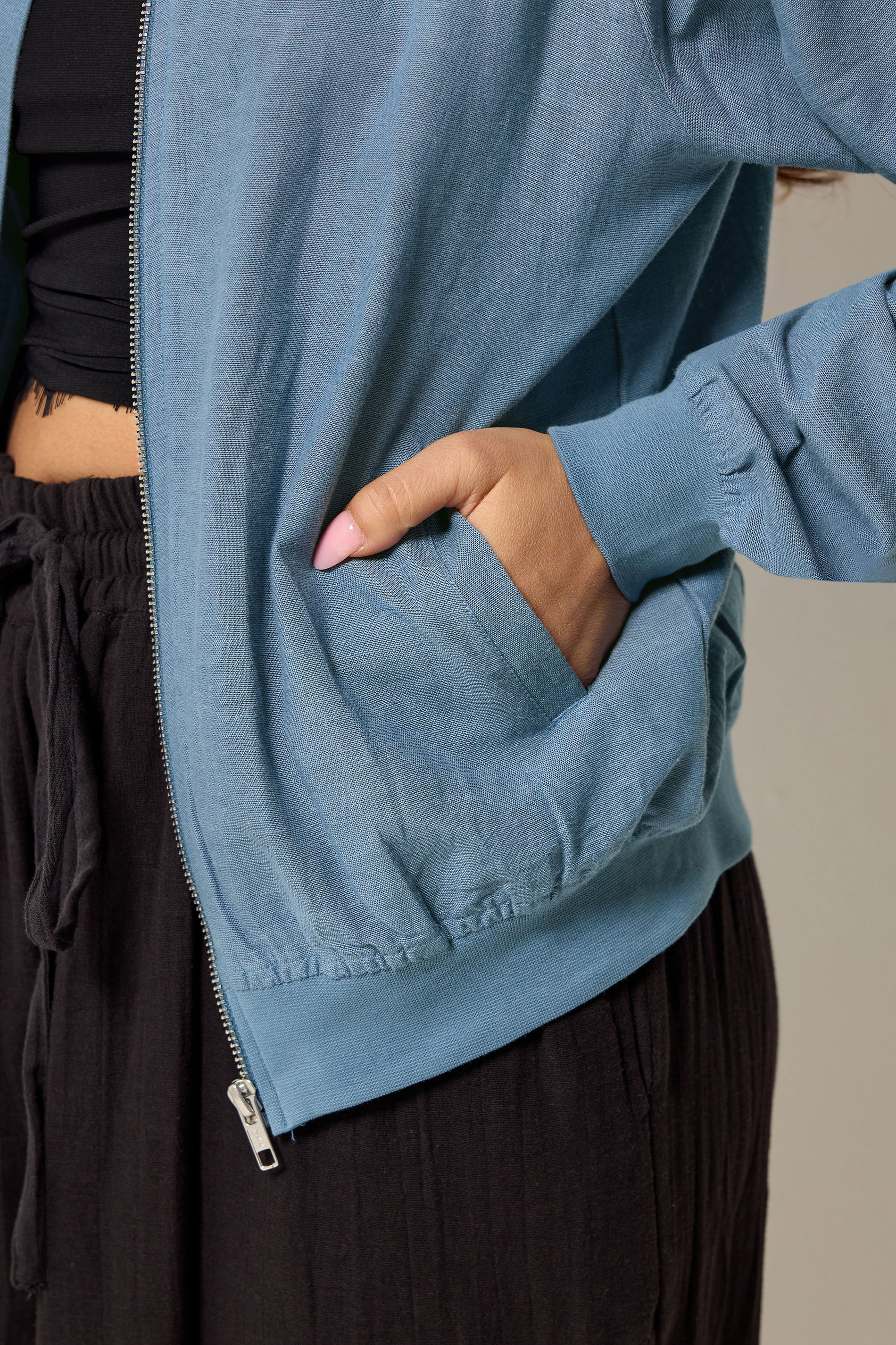 PixieGirl Petite Women's Blue Linen Bomber Jacket | PixieGirl 4
