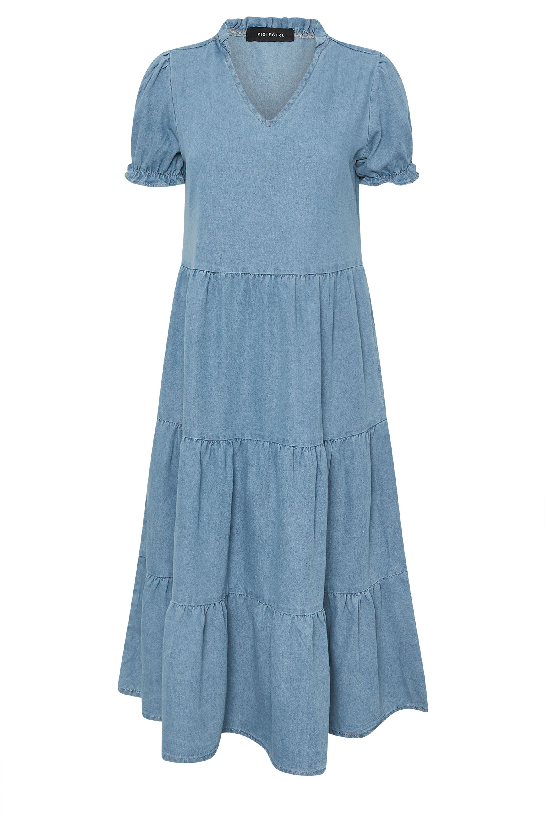 PixieGirl Petite Women's Light Blue Denim Frill Tiered Midi Dress | PixieGirl 6