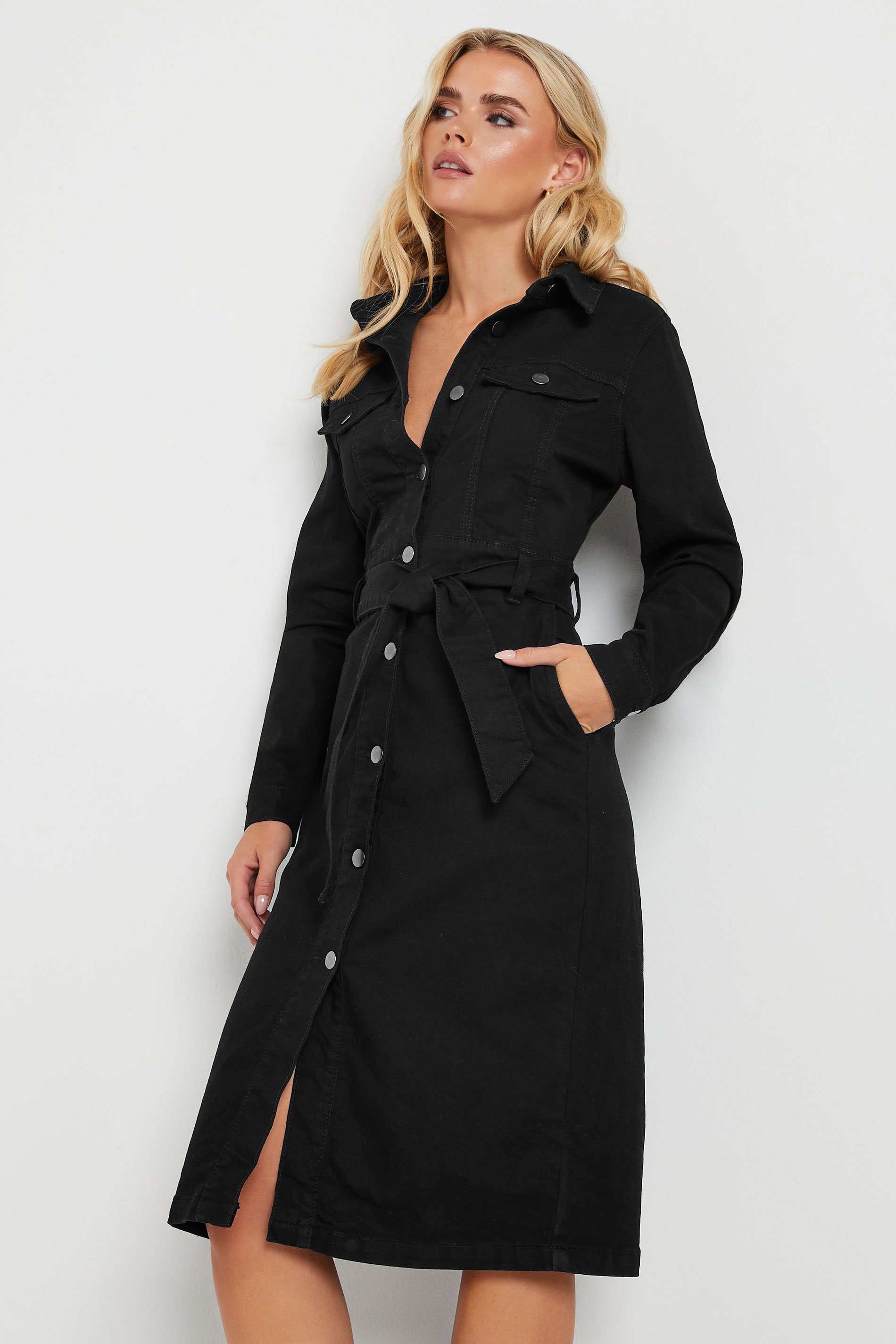 PixieGirl Petite Women's Black Denim Tie Waist Midi Dress | PixieGirl 1