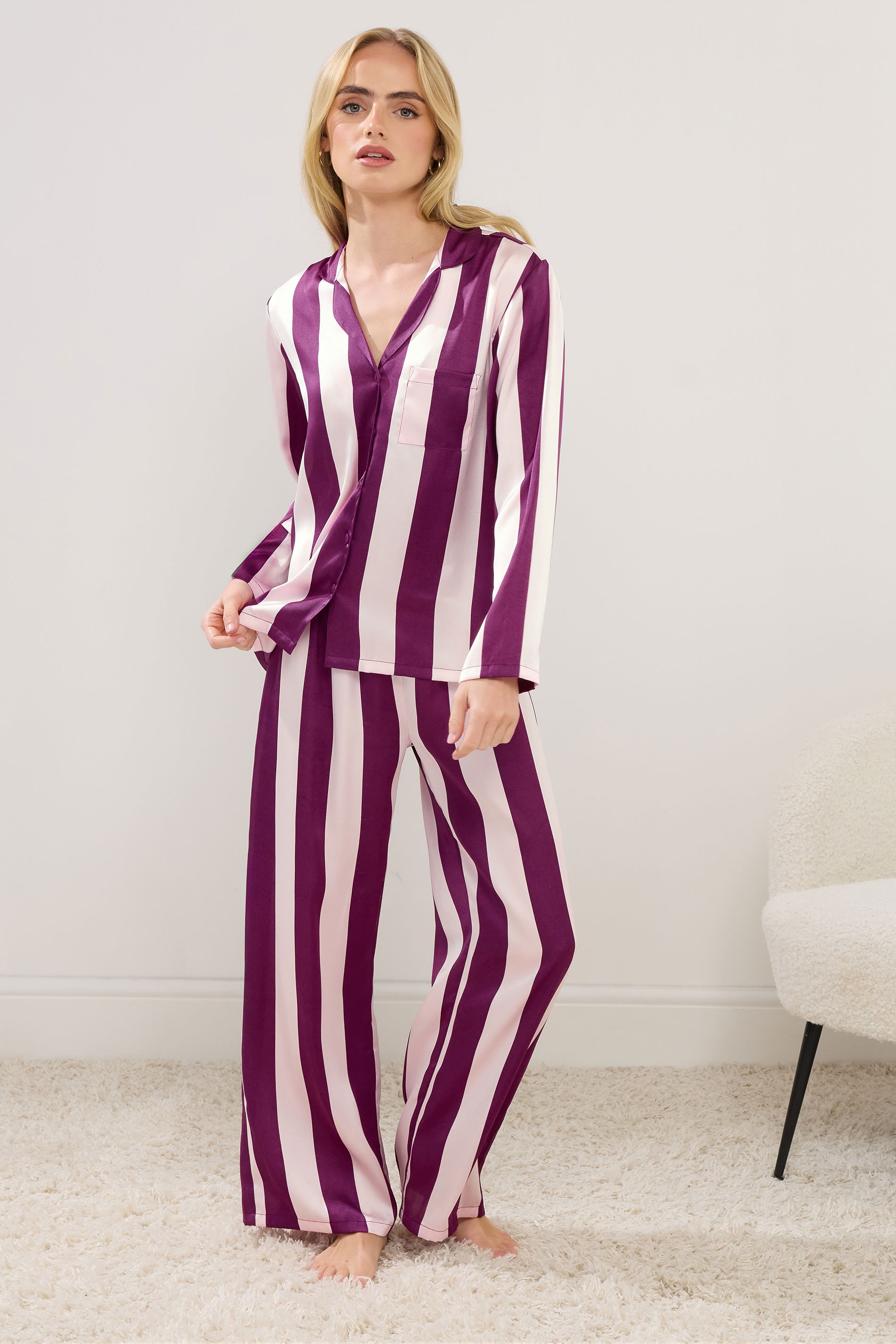 PixieGirl Petite Women's Pink & Purple Stripe Satin Button Pyjama Set | PixieGirl 1