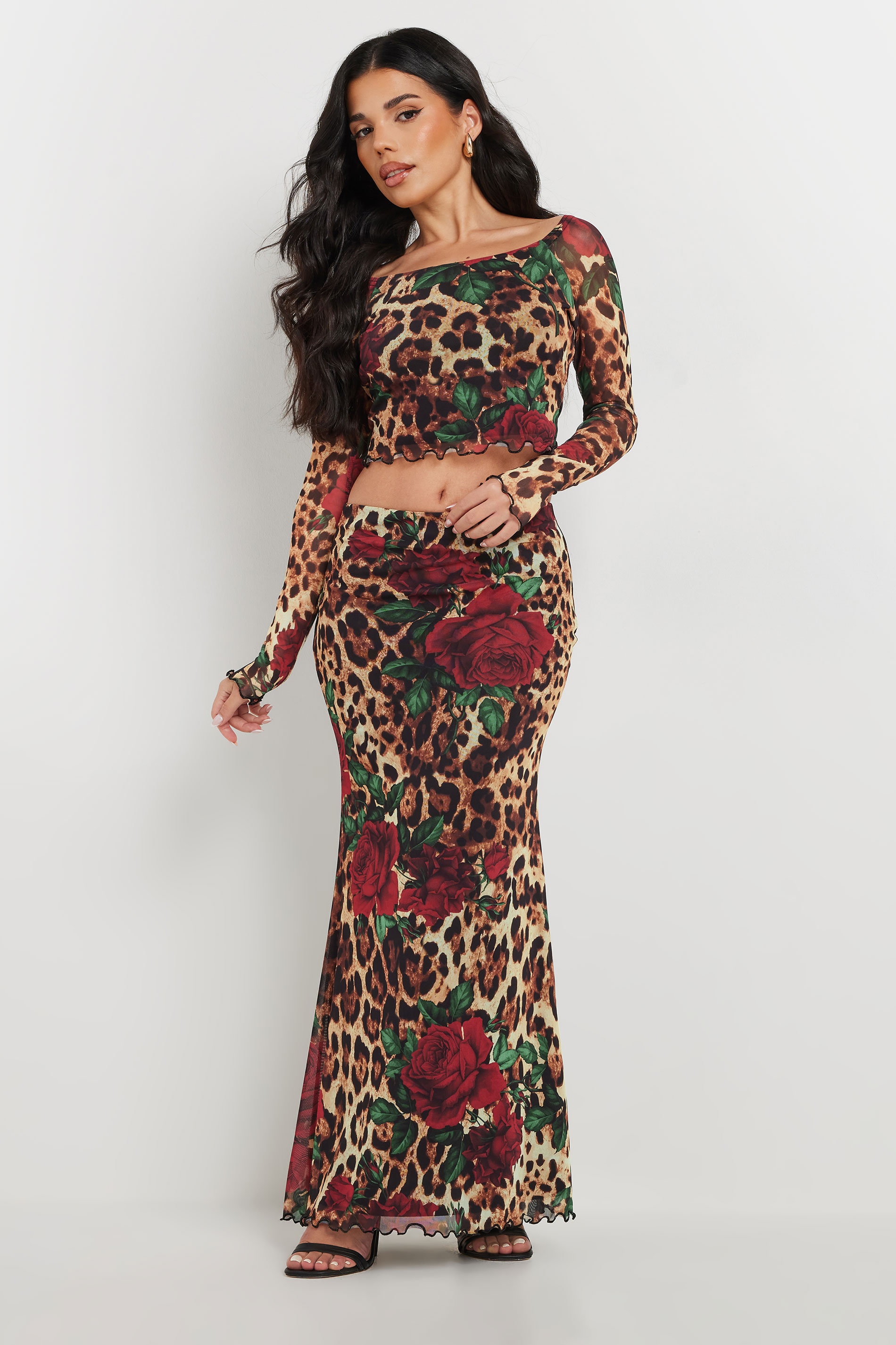 PixieGirl Petite Women's Beige Brown Leopard Print Rose Mesh Top | PixieGirl 2