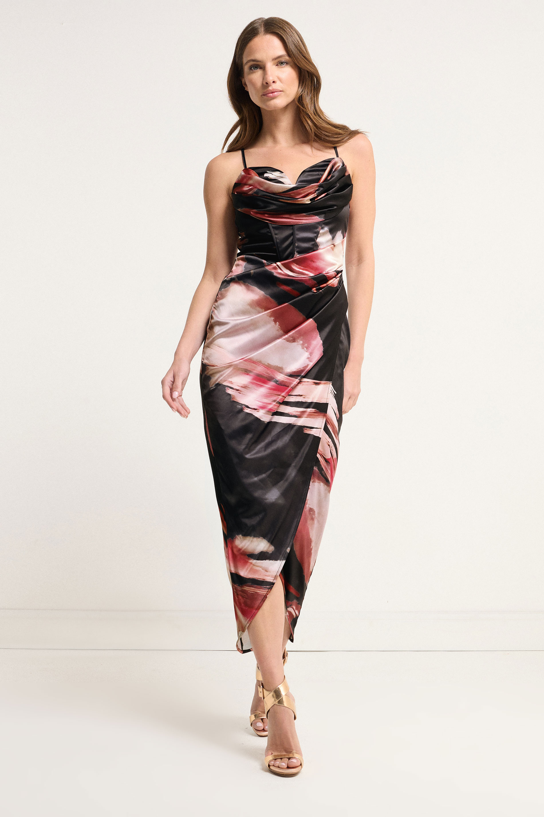 STAR Black Abstract Satin Corset Cowl Wrap Dress | StarByJM 2