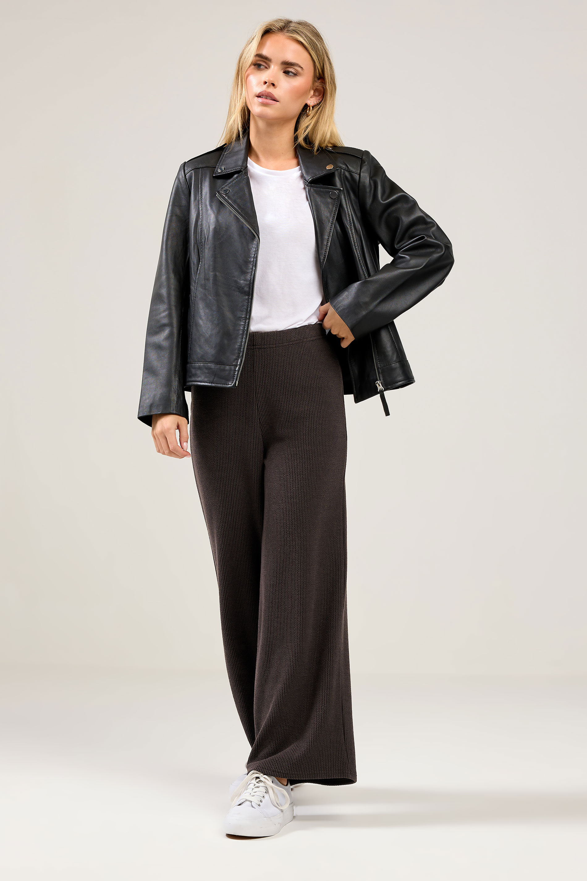 M&Co Petite Brown Ribbed Wide Leg Trousers | M&Co  1
