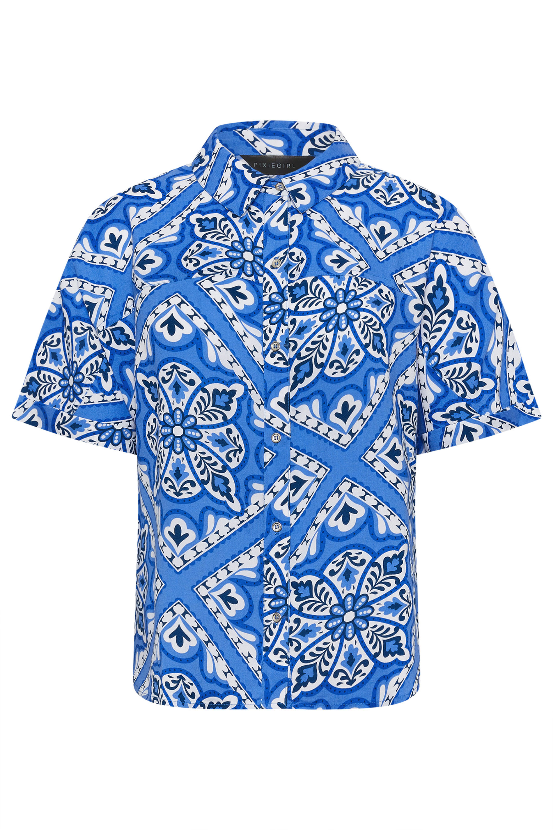 PixieGirl Petite Women's Blue Tile Print Short Sleeve Shirt | PixieGirl 6