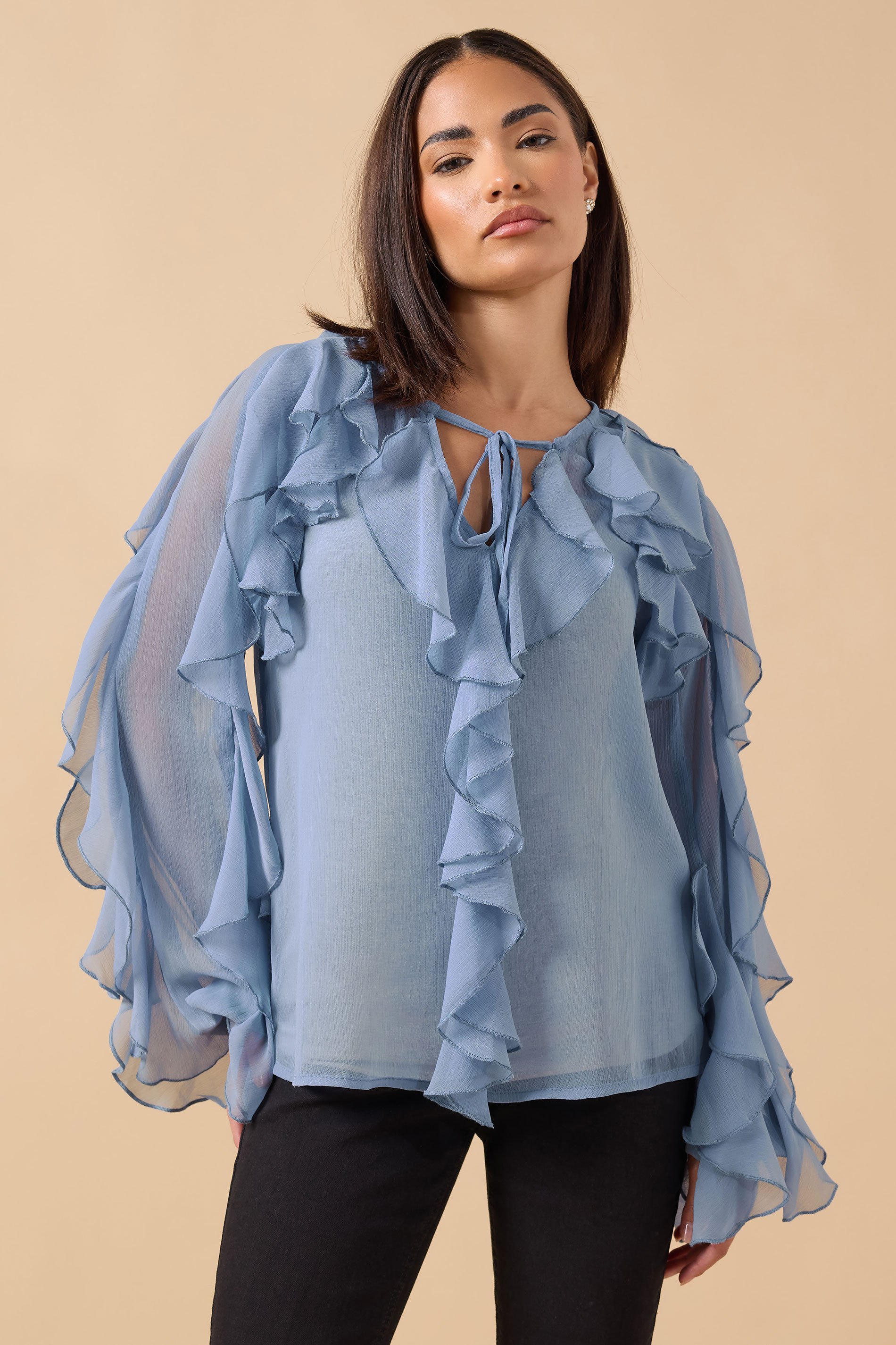 PixieGirl Petite Women's Blue Chiffon Frill Blouse | PixieGirl 1