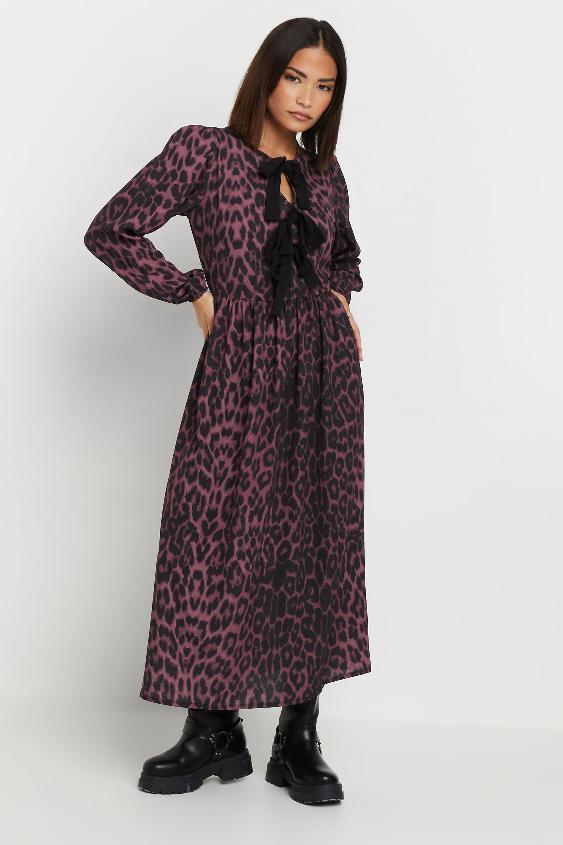 PixieGirl Petite Women's Burgundy Red Leopard Print Tie Bow Dress | PixieGirl 1