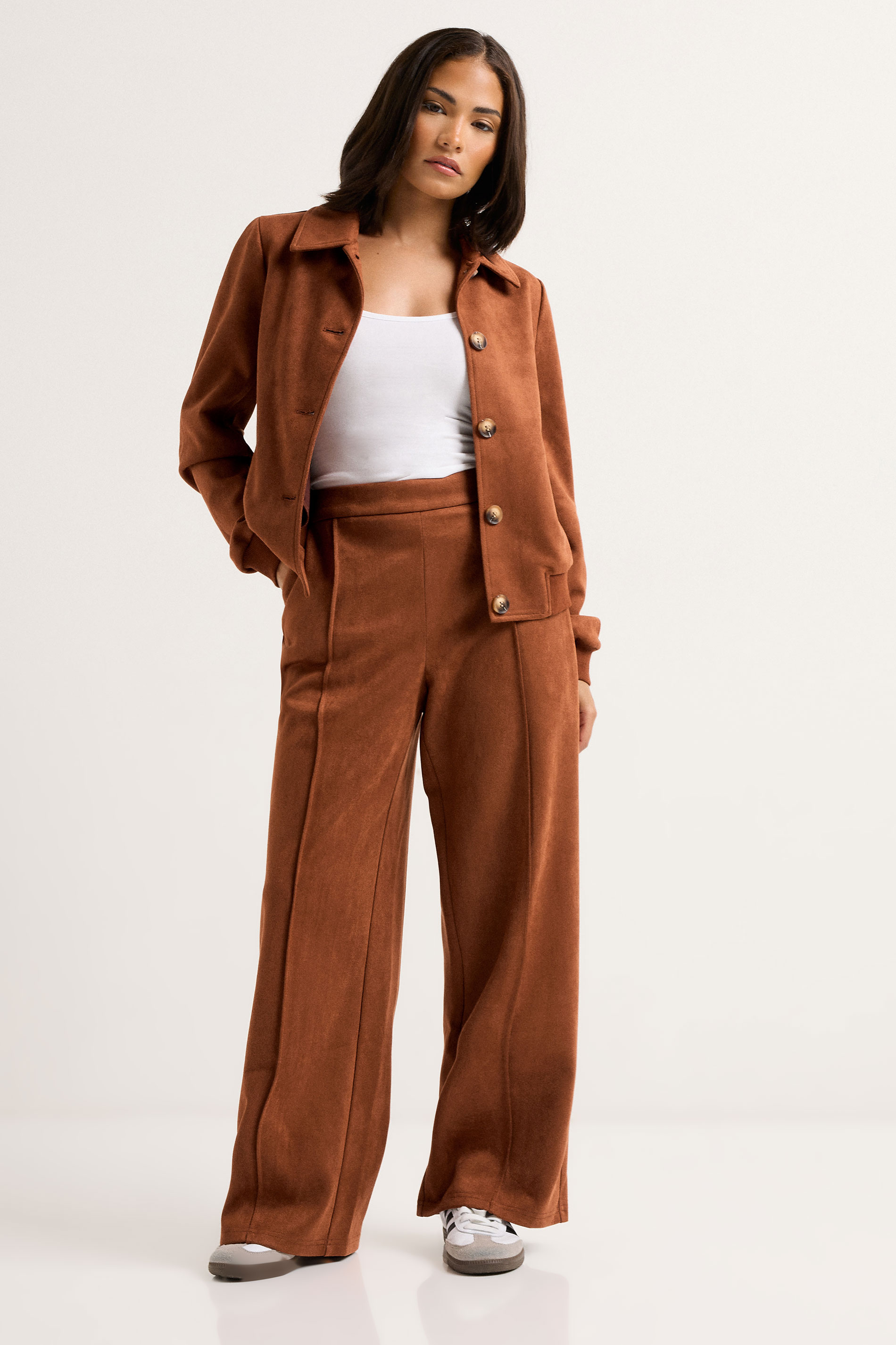 PixieGirl Petite Women's Tan Brown Suedette Wide Leg Trouser | Pixie Girl 1