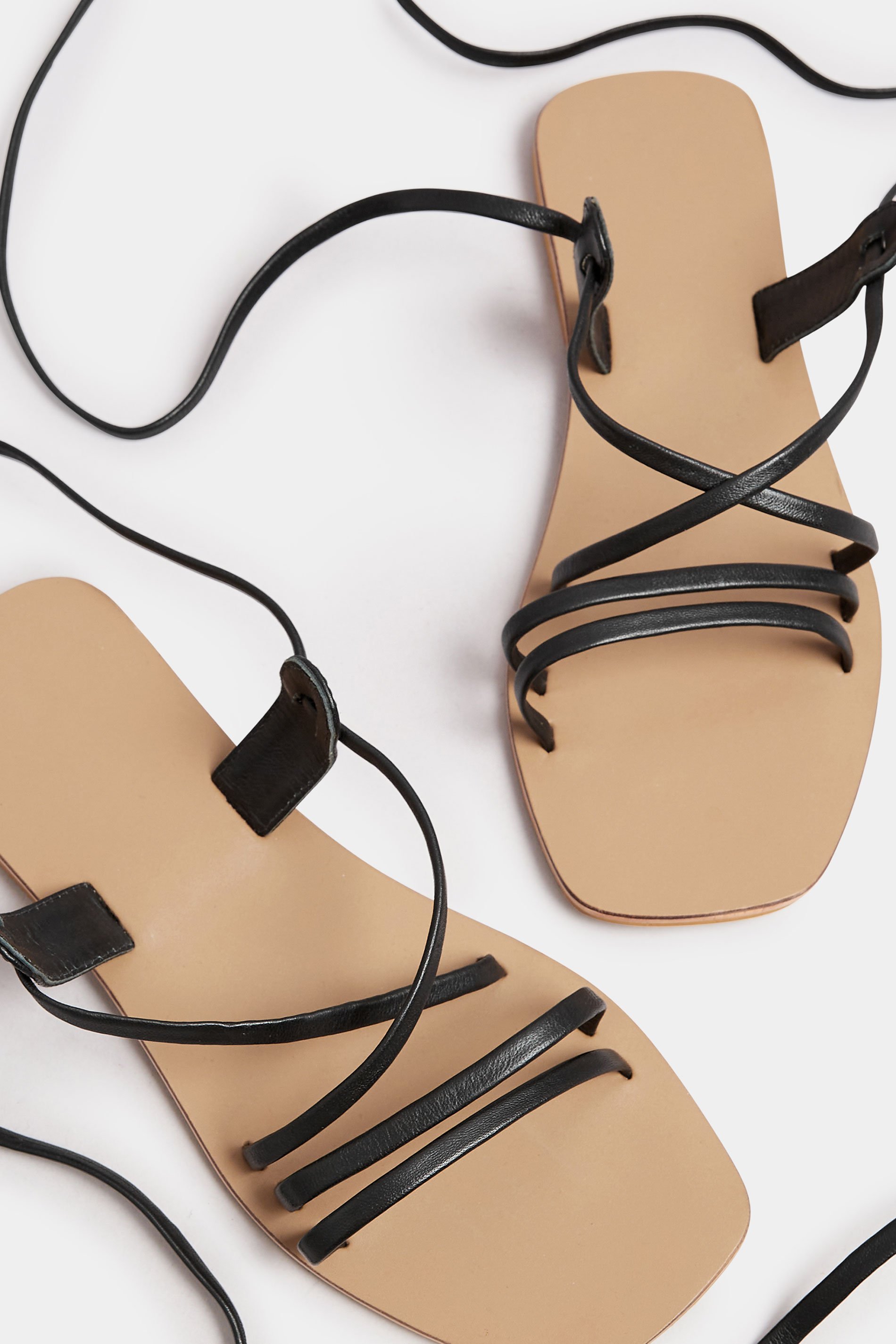 Black Leather Strappy Tie Up Sandals In Wide EEE Fit | Yours Clothing 5