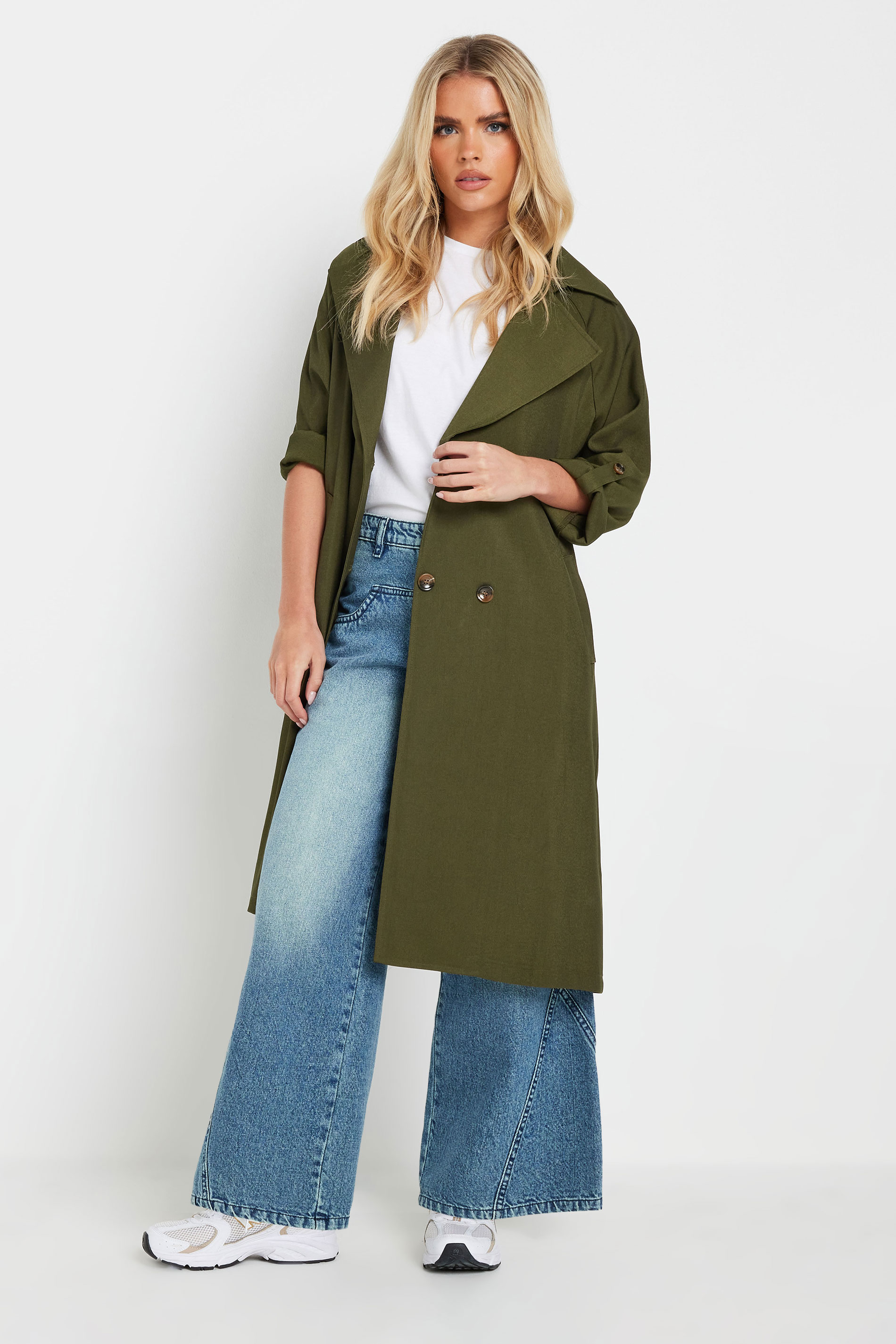 PixieGirl Petite Womens's Khaki Green Woven Lightweight Trench Coat | PixieGirl 1