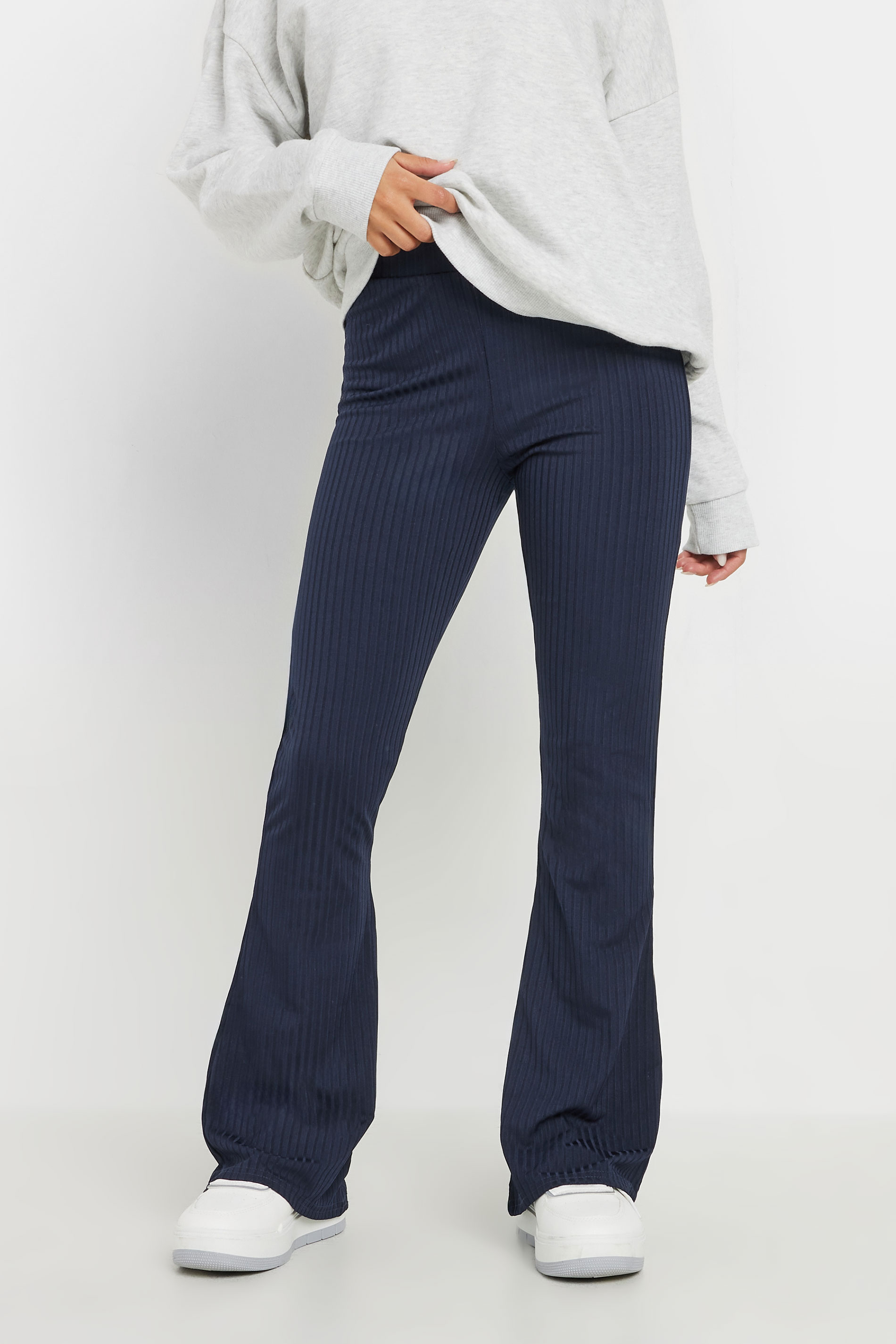 PixieGirl Petite Women's Navy Blue Ribbed Flared Trousers | PixieGirl 2