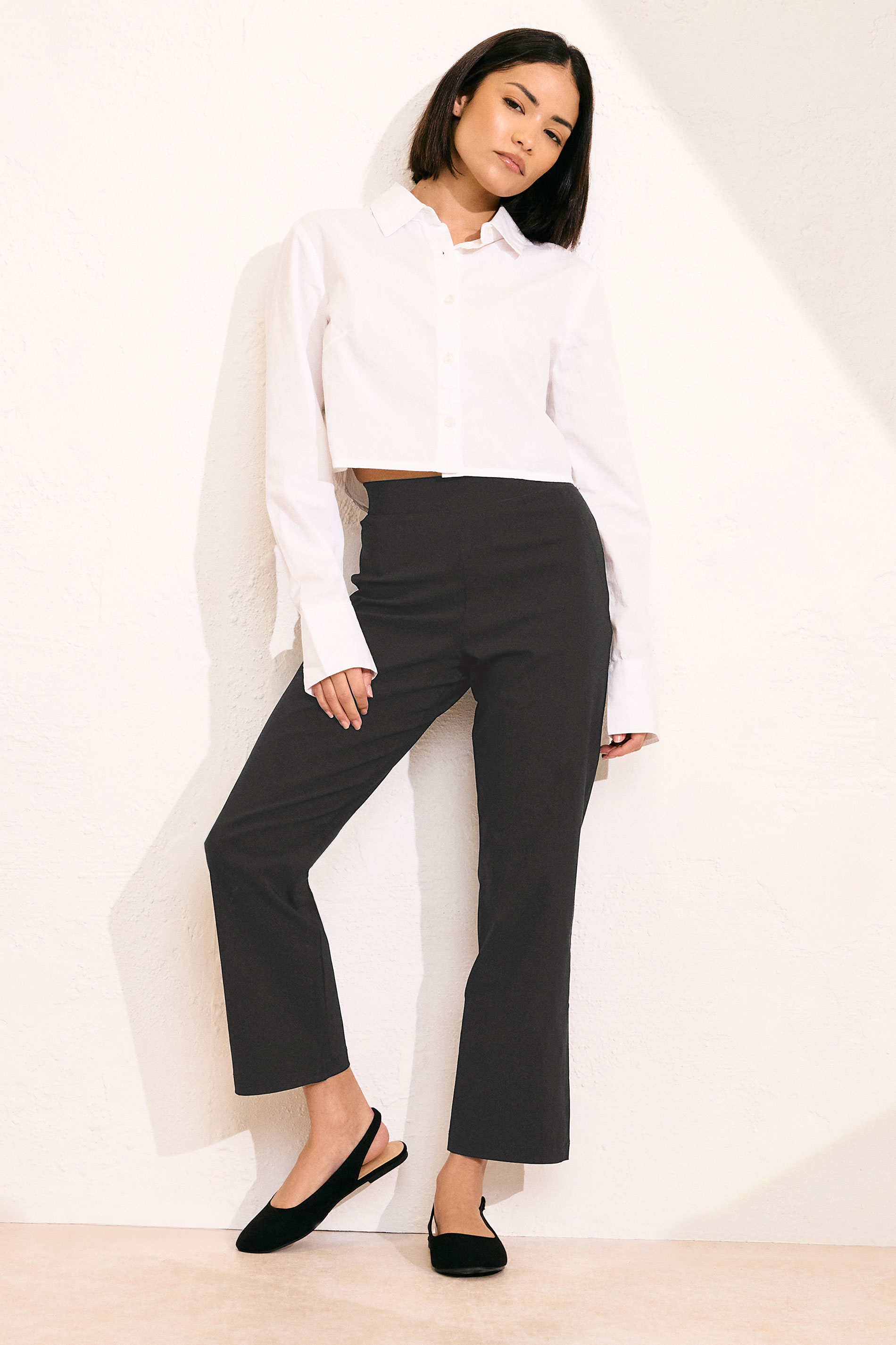 Petite Black Bi Stretch Straight Leg Trousers | PixieGirl  1
