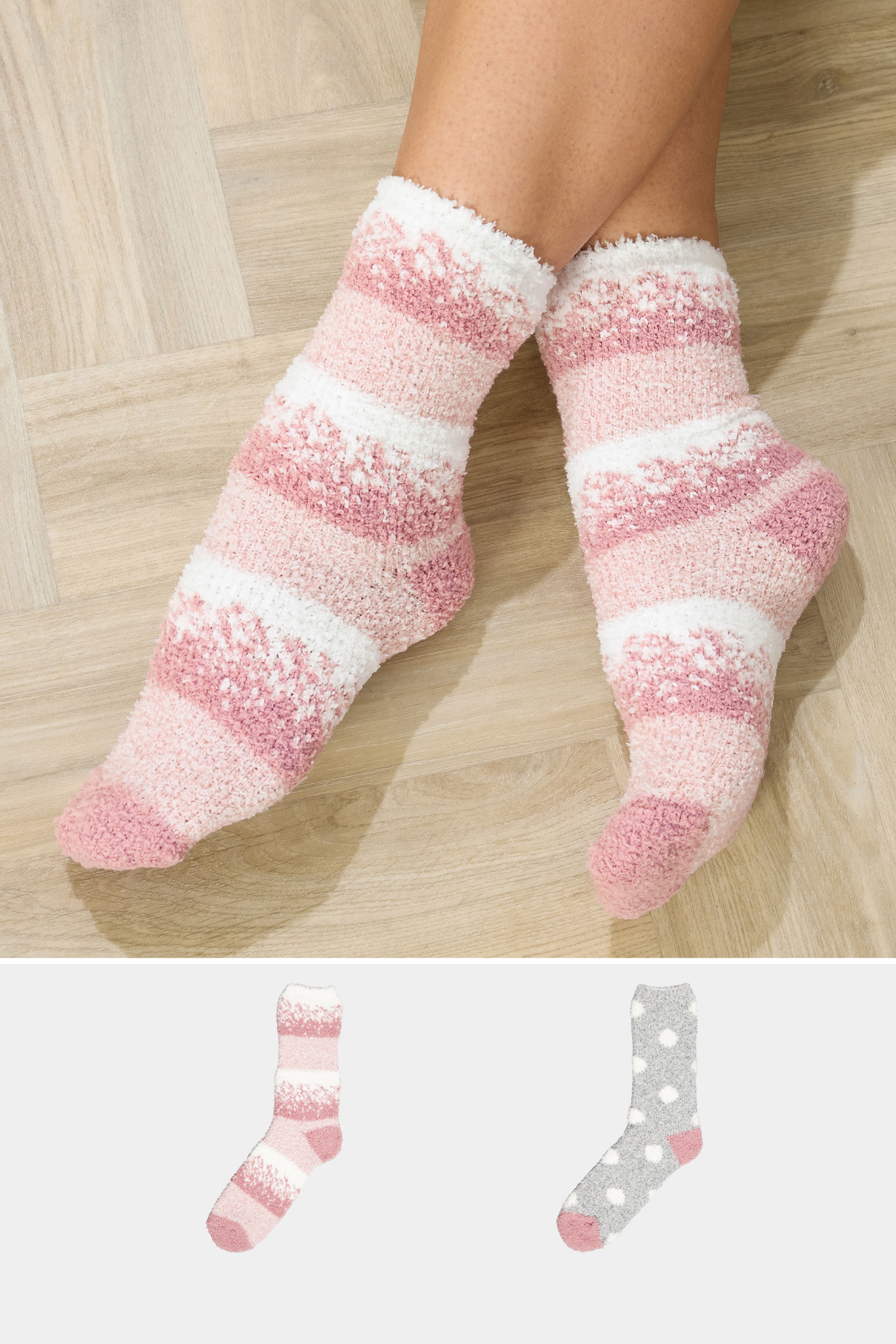 YOURS 2 PACK Curve Grey & Pink Fluffy Bed Socks | Yours Clothing 1