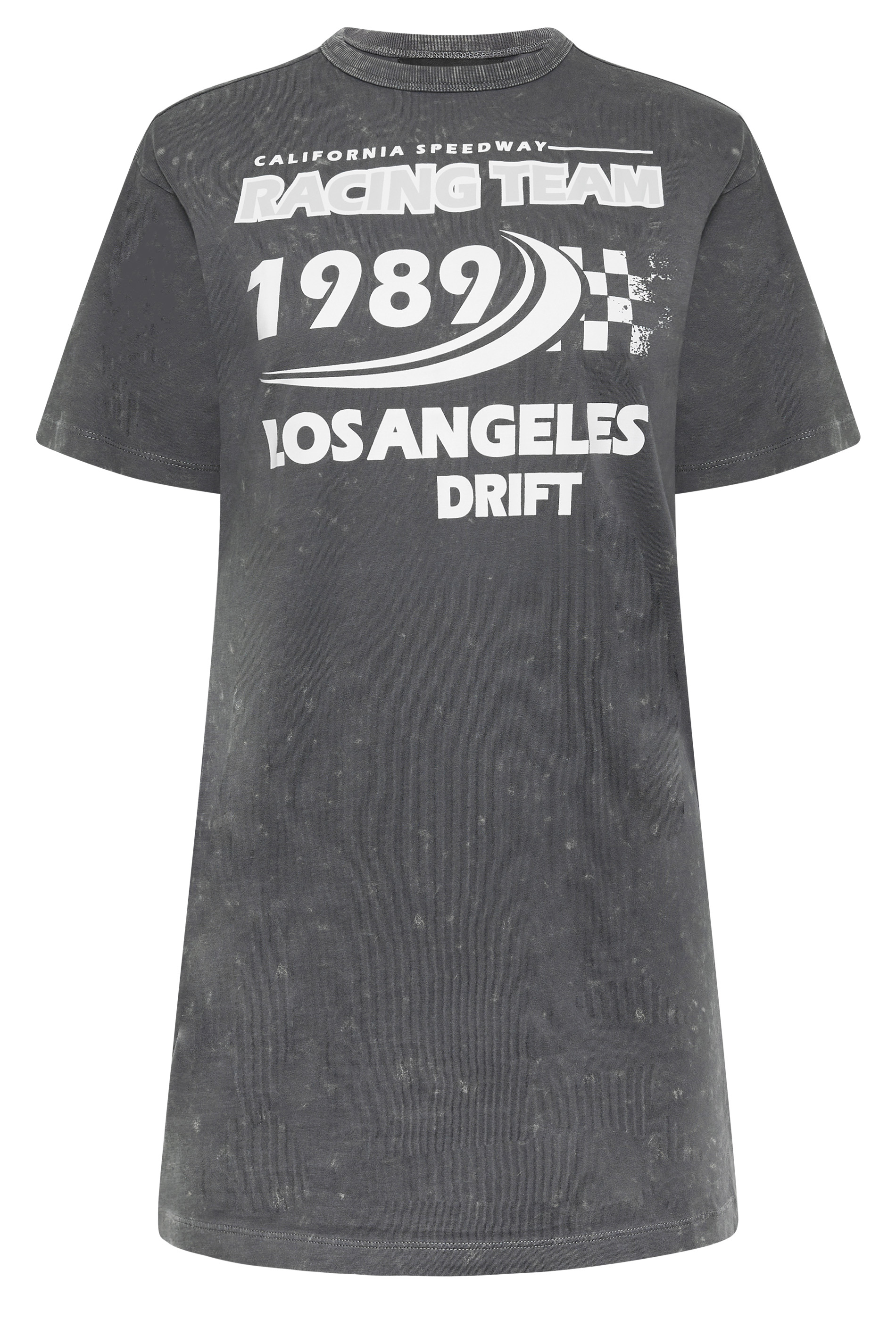 PixieGirl Petite Womens Grey Acid Wash 'Racing Team' Slogan Oversized T-Shirt Dress | PixieGirl 7