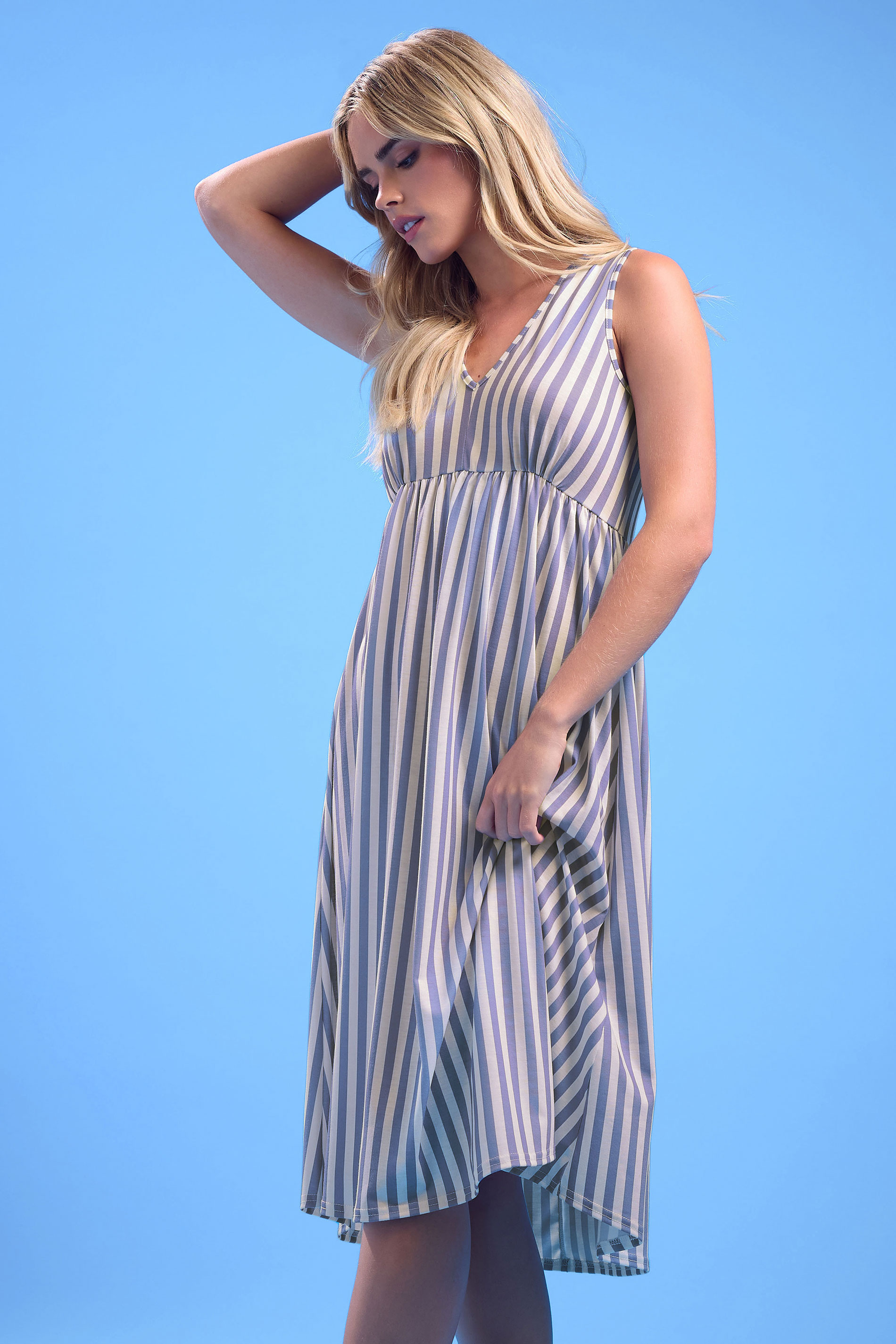 PixieGirl Petite Women's Blue Stripe V-Neck Midi Dress | PixieGirl 2