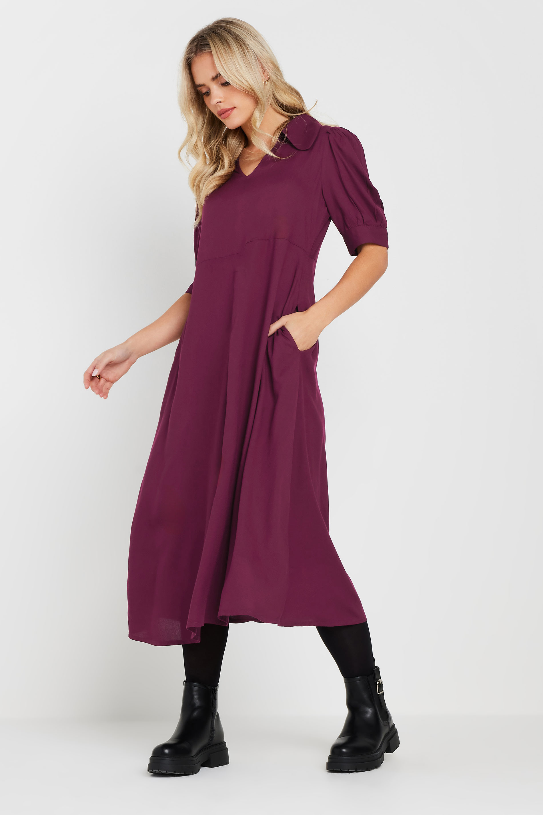 PixieGirl Petite Women's Burgundy Red Open Collar Short Sleeve Dress | PixieGirl 1