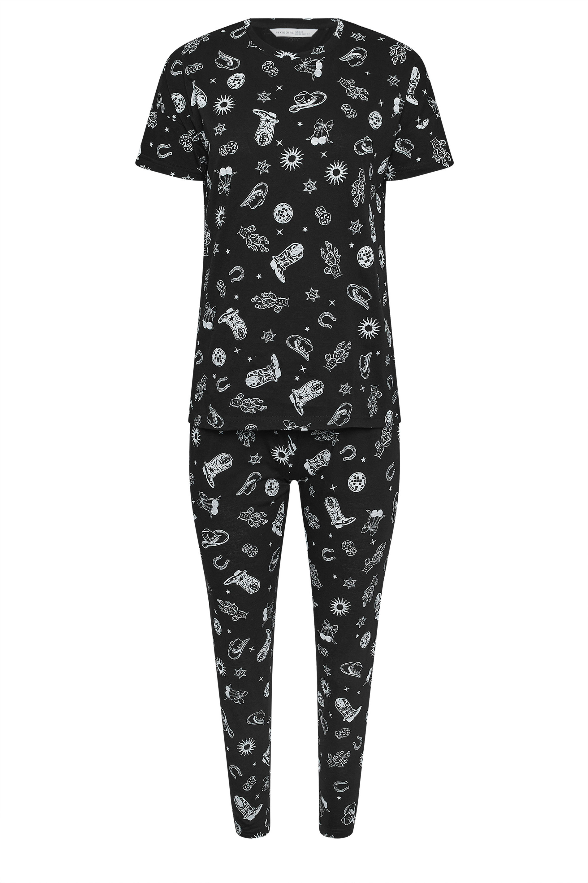 PixieGirl Petite Women's Black Cowboy Graphic Tapered Pyjama Set | PixieGirl 5