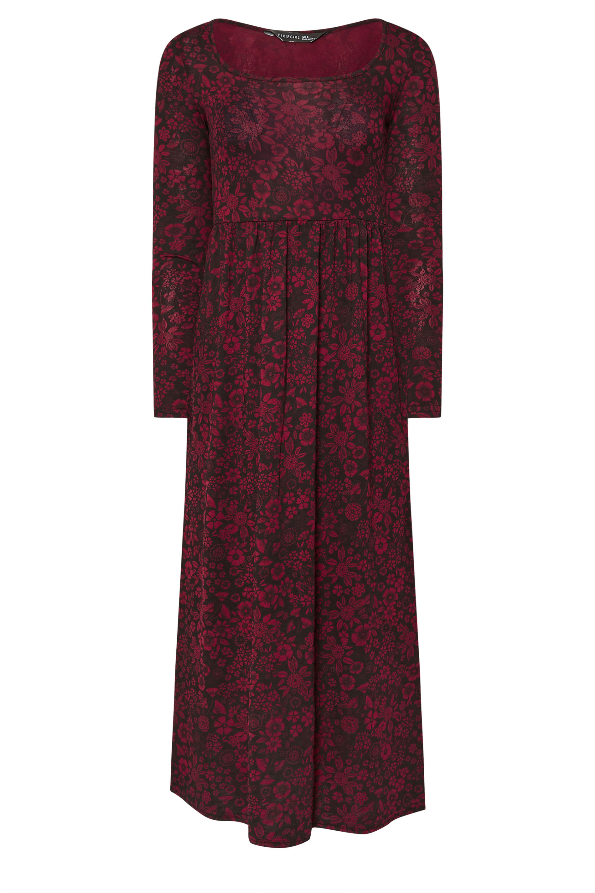 PixieGirl Petite Women's Burgundy Red Floral Print Midi Tea Dress | PixieGirl 5