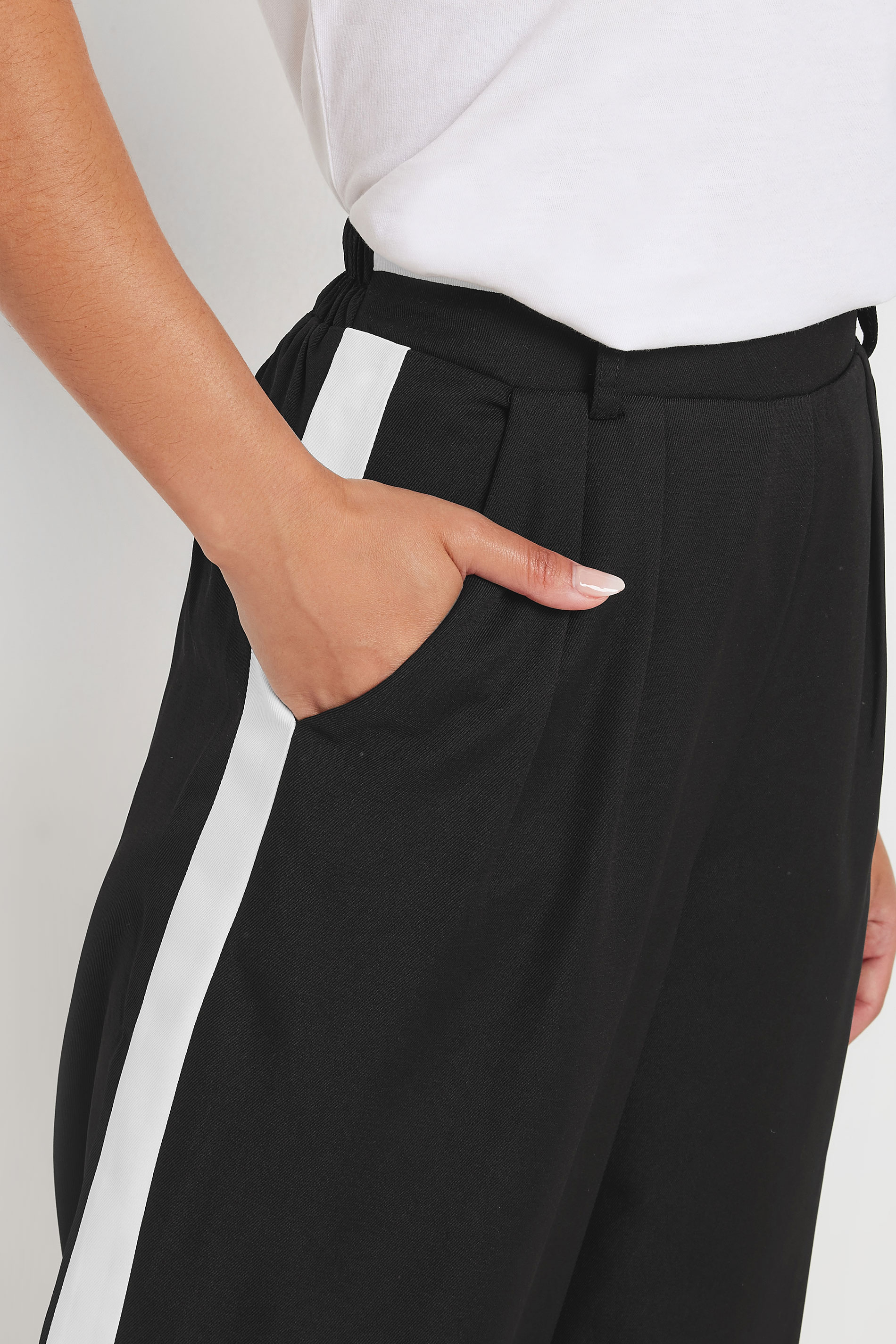 PixieGirl Petite Women's Black Side Stripe Contrast Waist Wide Leg Trousers | PixieGirl 5
