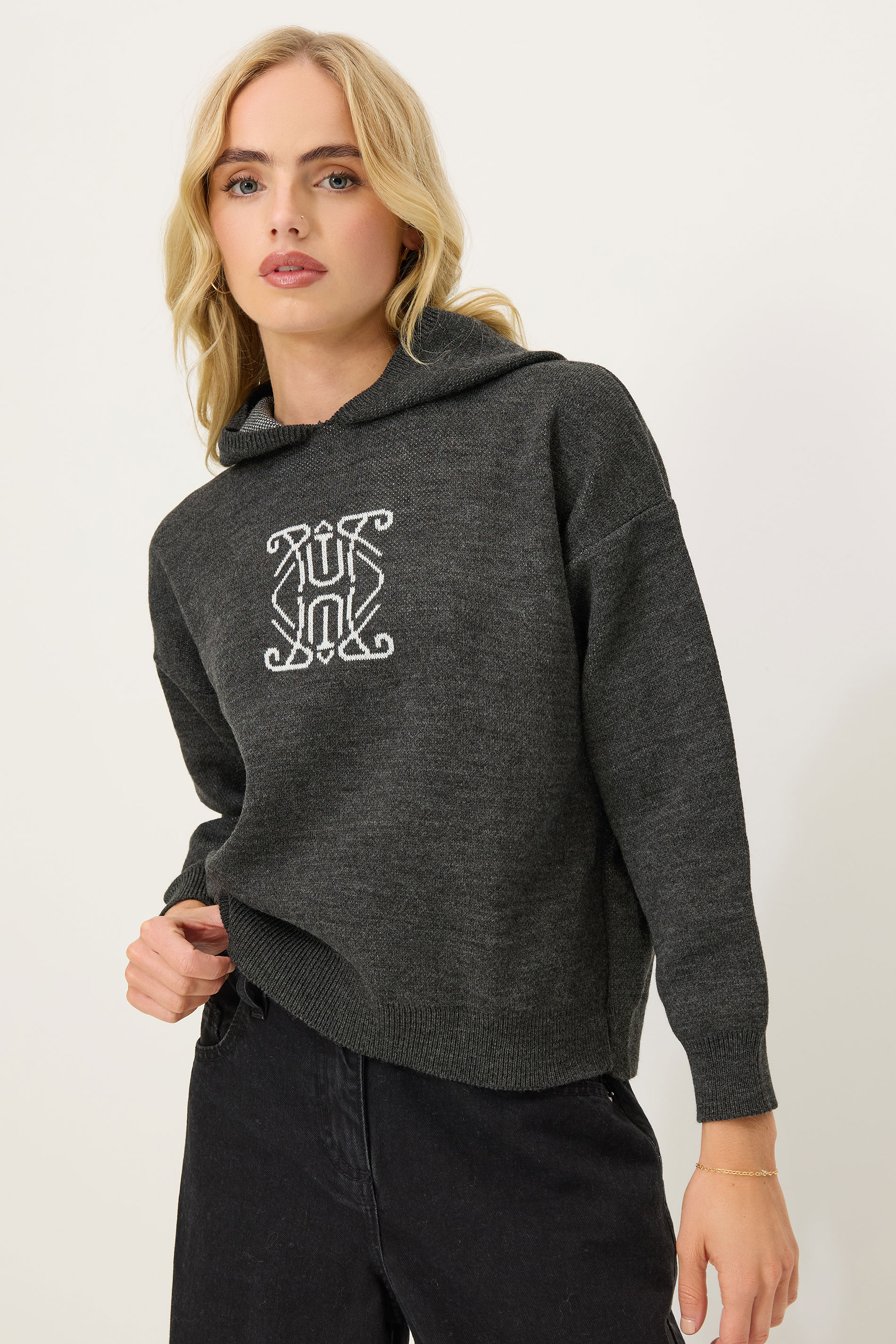 PixieGirl Petite Women's Charcoal Grey Knitted Contrast Swirl Hoodie | PixieGirl 1