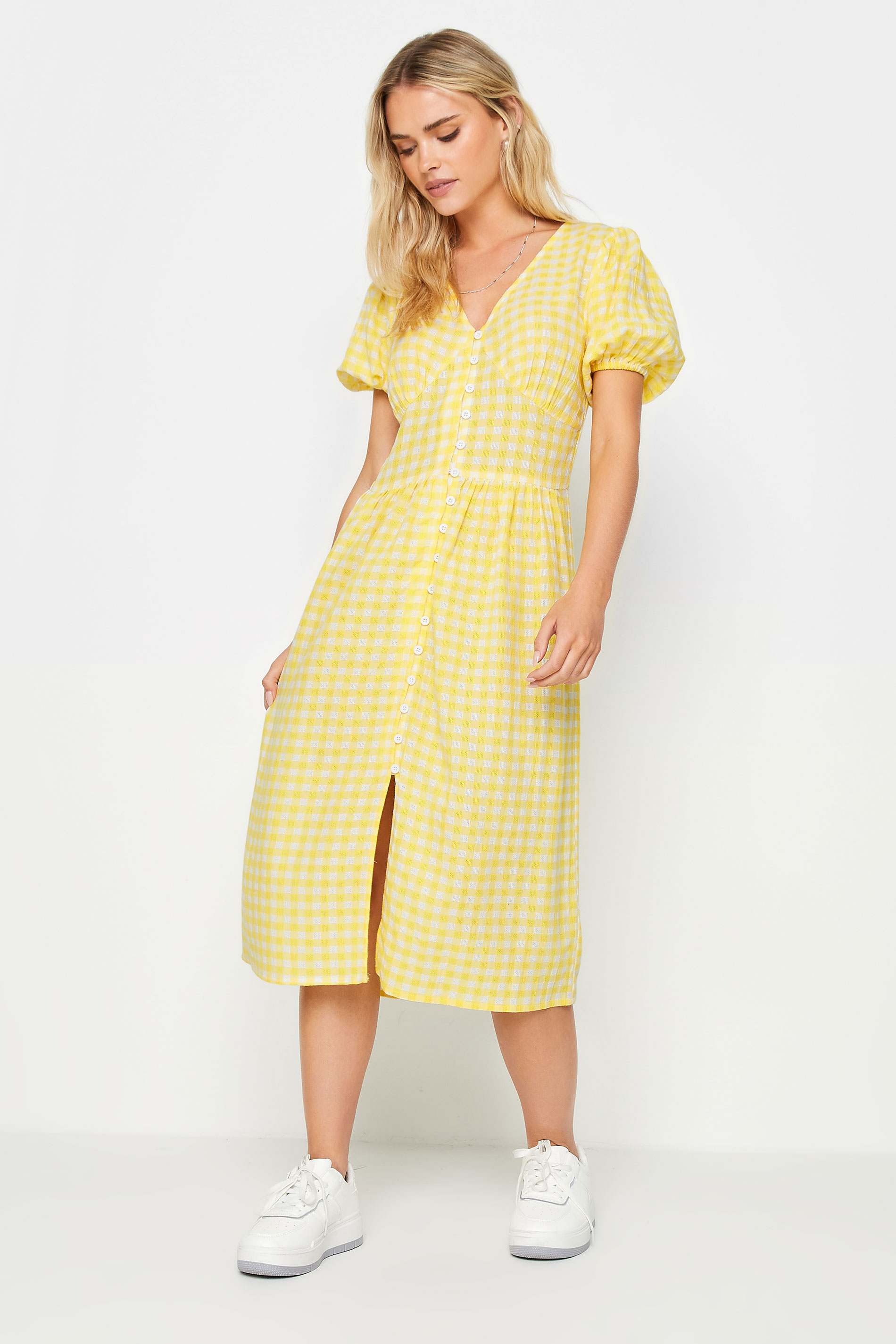 PixieGirl Petite Women's Yellow Gingham Print Button Through Midi Dress | PixieGirl 2