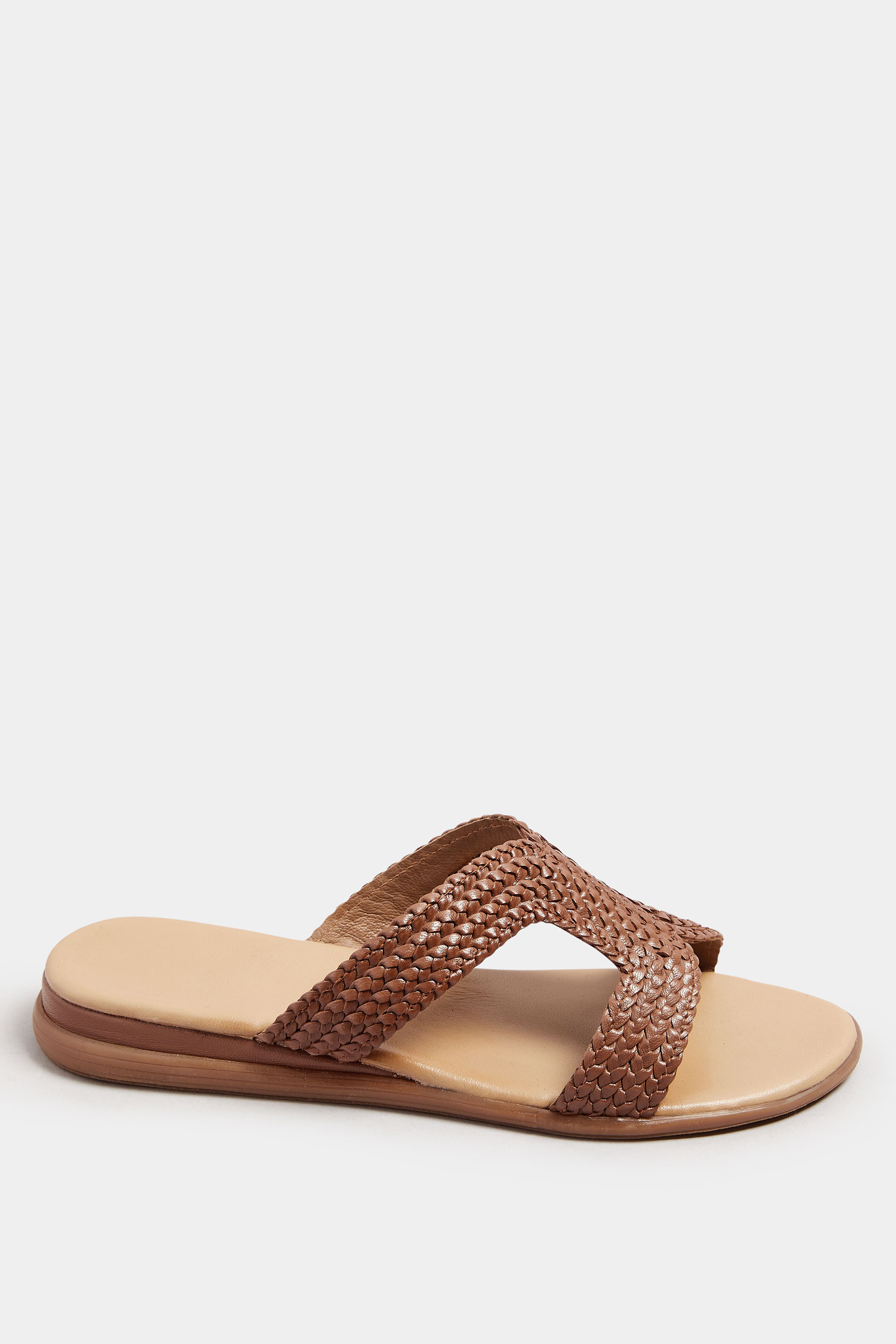 Brown Leather Woven Wedge Mule Sandals In Extra Wide EEE Fit | Yours Curve 3