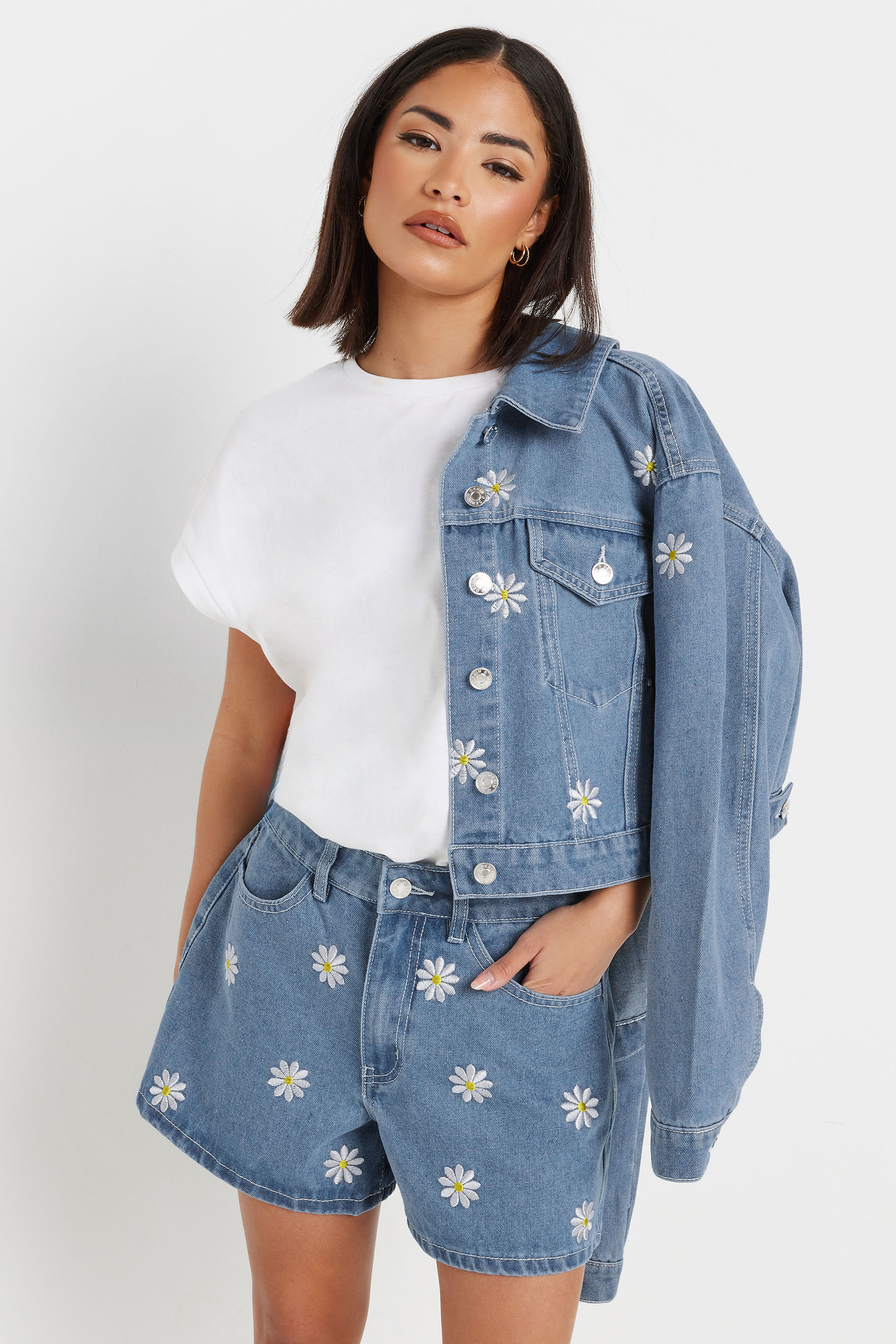 PixieGirl Petite Women's Blue Denim Daisy Embroidered Shorts | PixieGirl 2