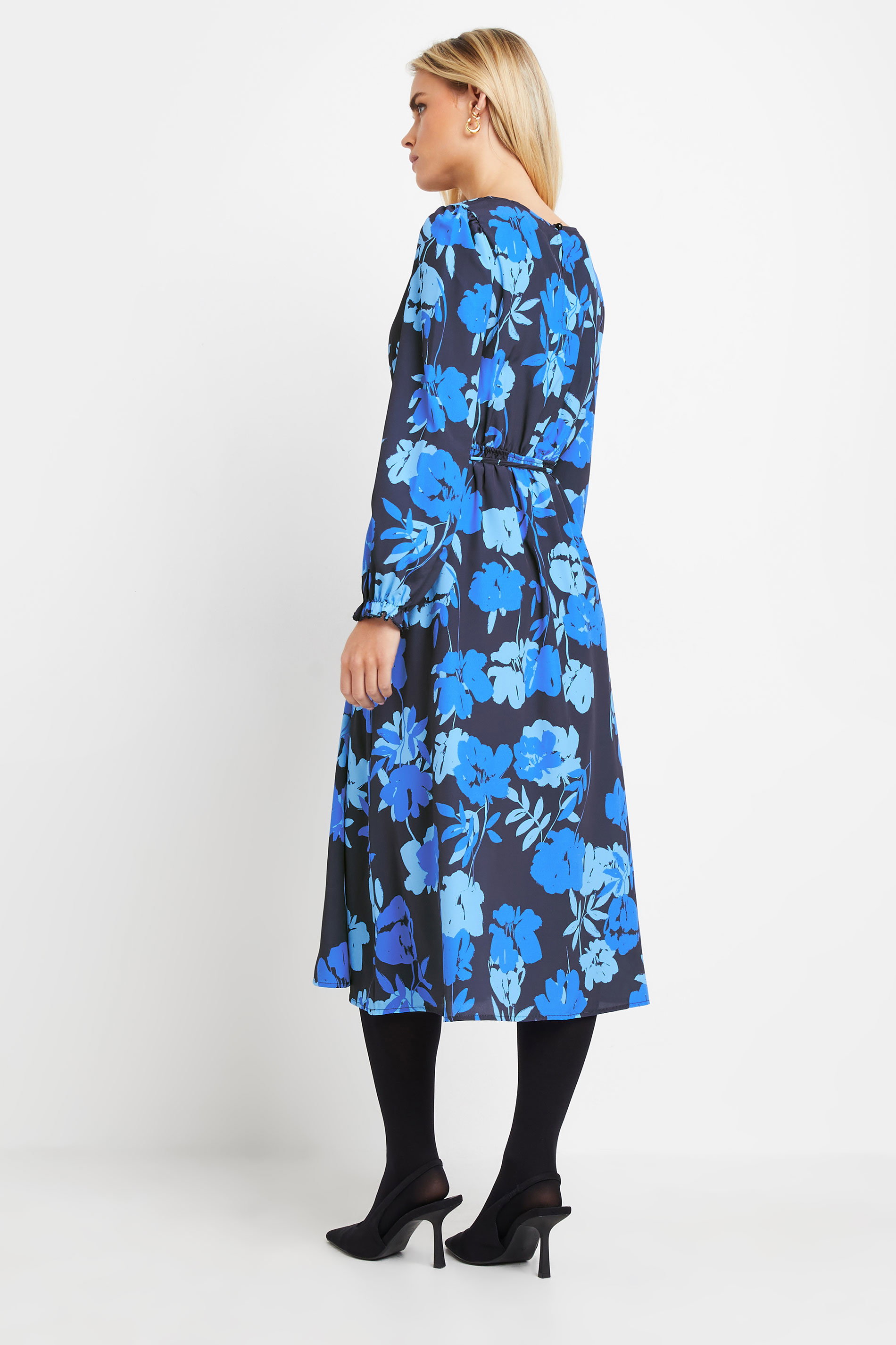 M&Co Petite Blue Floral Tie Waist Midi Smock Dress | M&Co 2