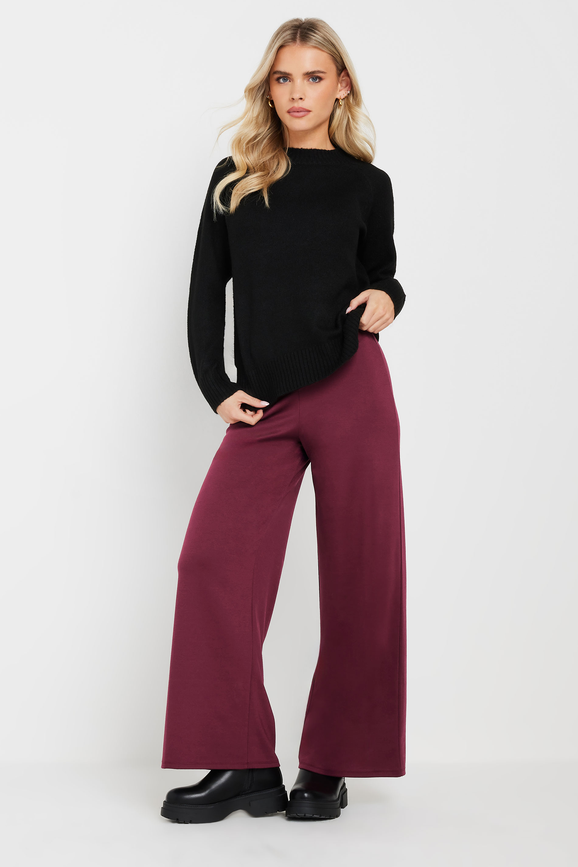 PixieGirl Petite Women's Burgundy Red Tailored Tab Wide Leg Trousers | PixieGirl 2