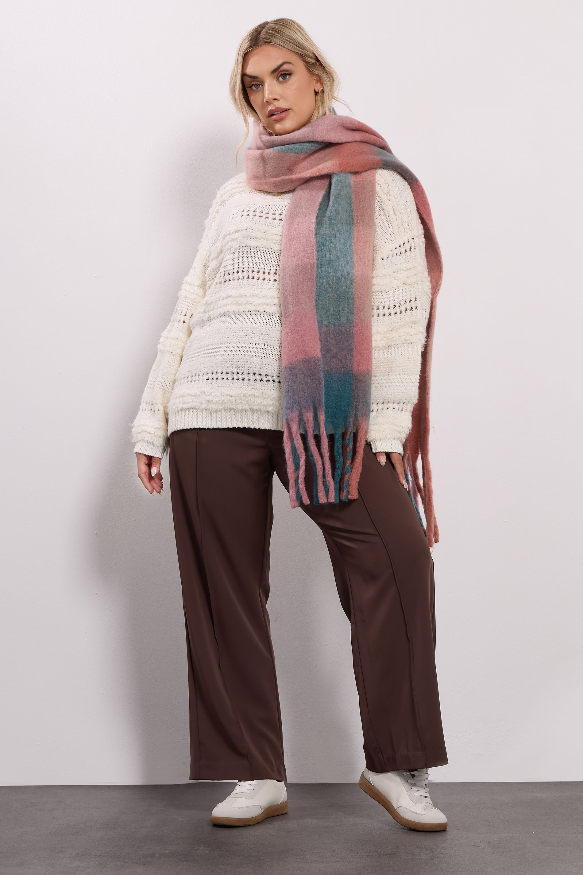Pink Checked Soft Touch Scarf | Yours Clothing 2