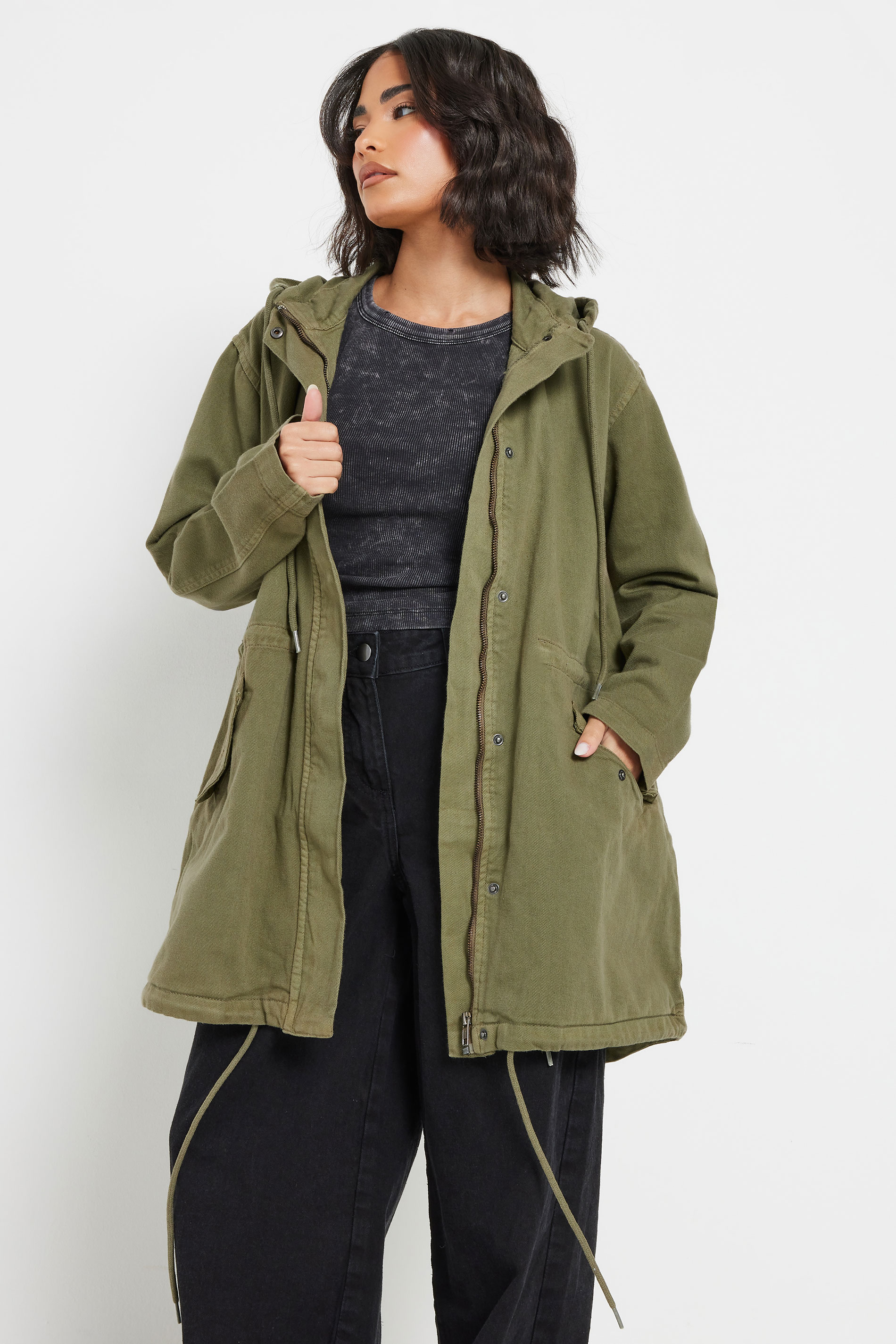 PixieGirl Petite Women's Khaki Green Twill Parka Coat | PixieGirl 2