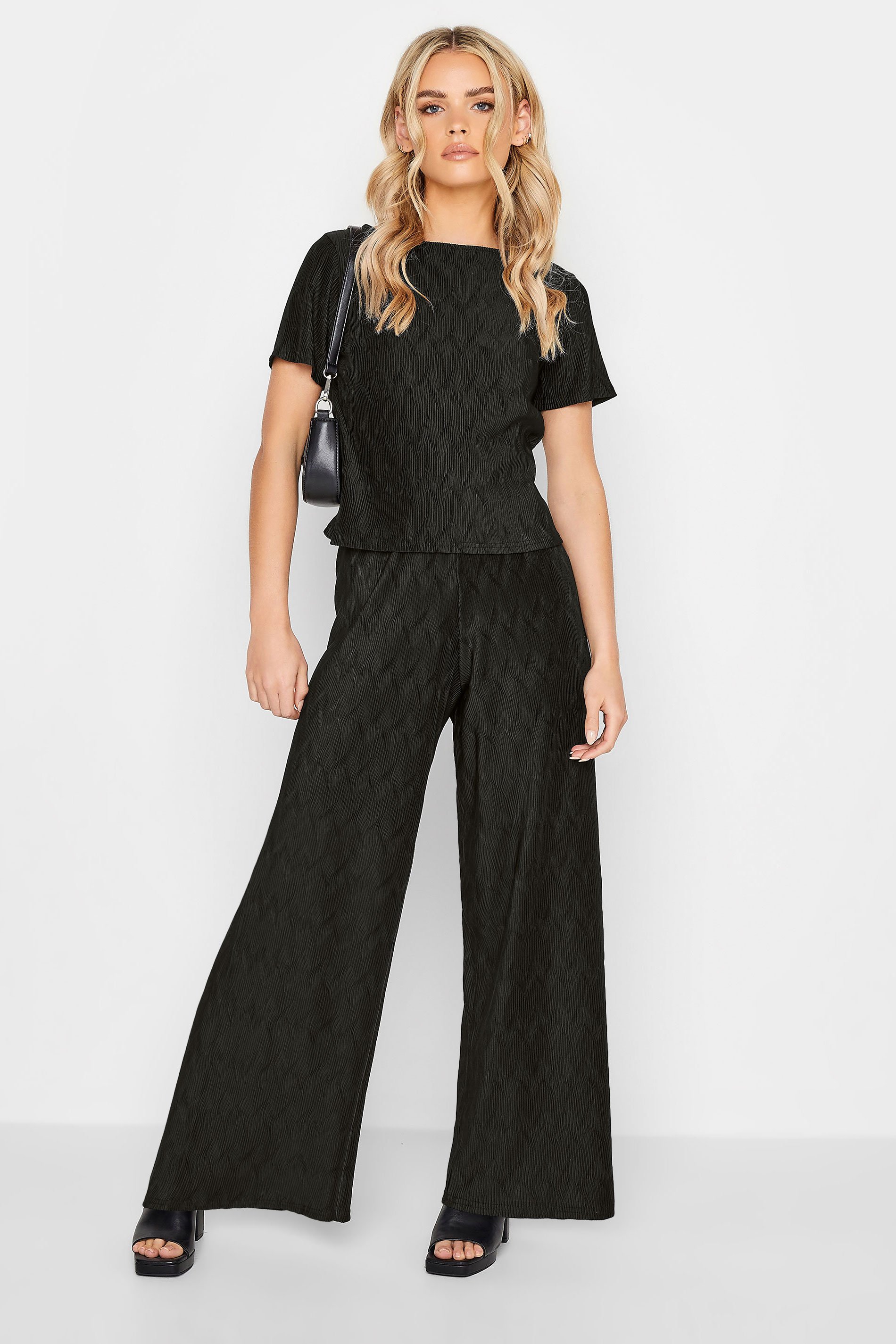 PixieGirl Black Zig Zag Plisse Wide Leg Trousers | PixieGirl  4
