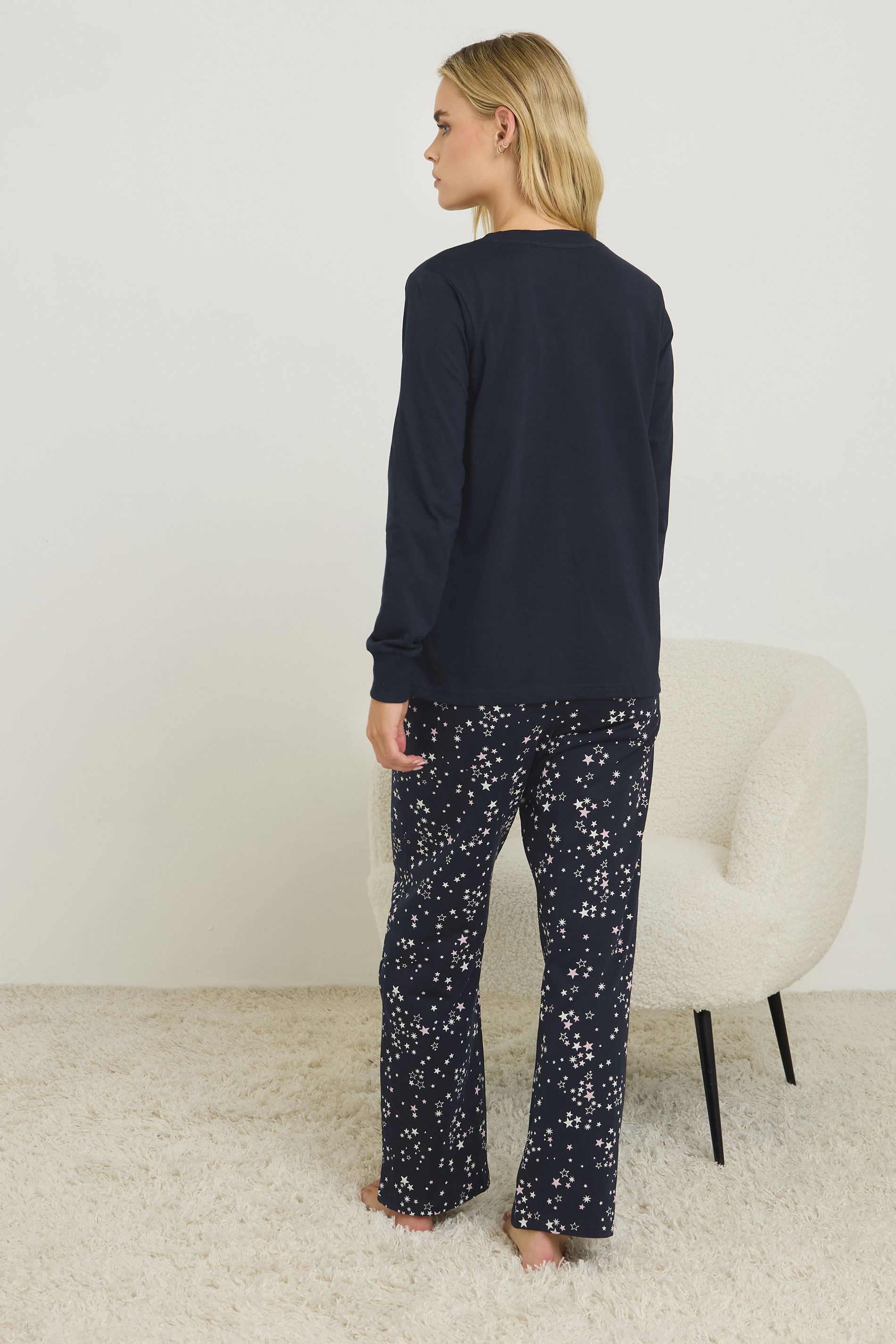 PixieGirl Petite Women's Navy Blue 'Night Sky' Slogan Wide Leg Pyjama Set | PixieGirl 3