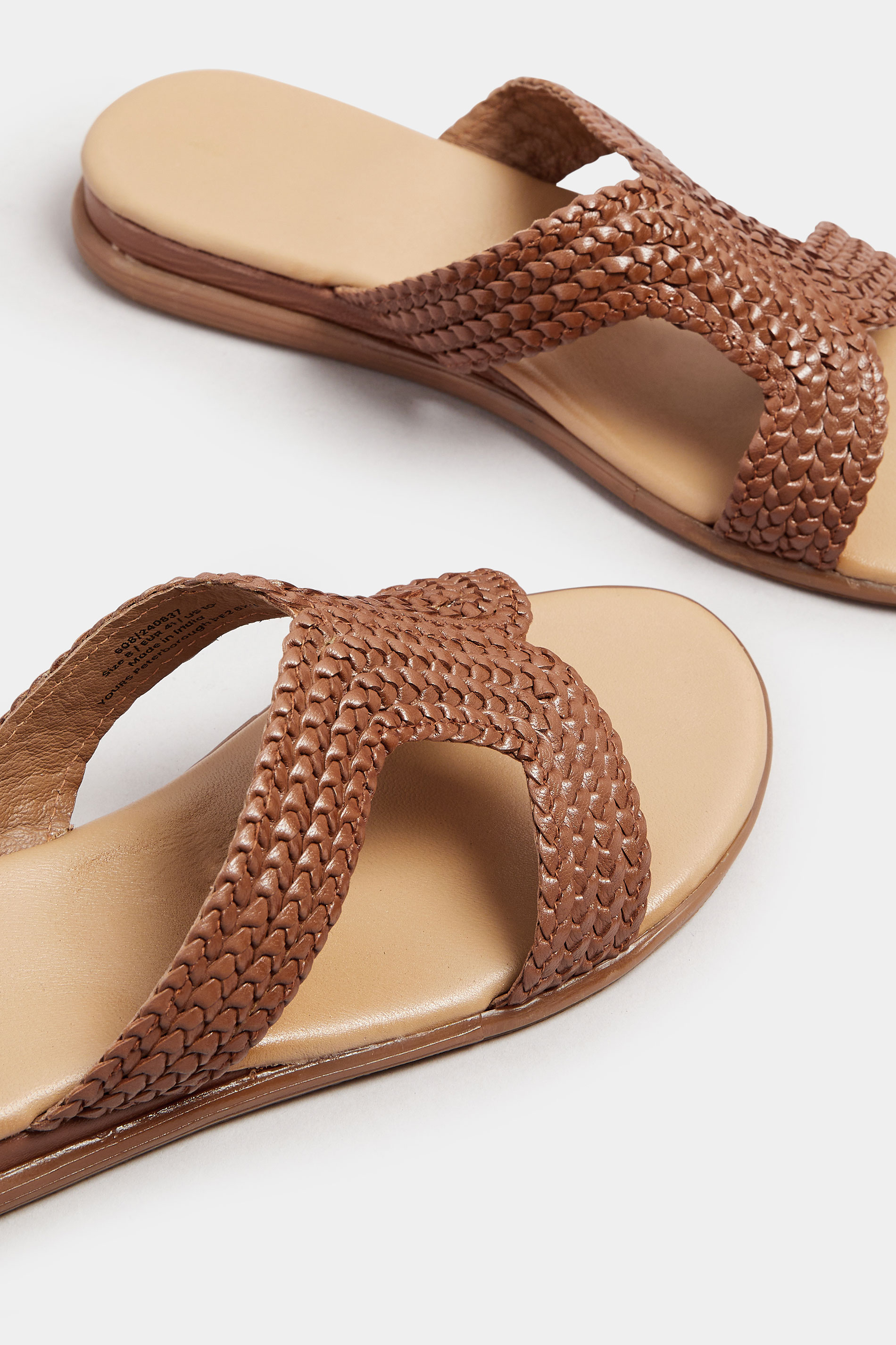 Brown Leather Woven Wedge Mule Sandals In Extra Wide EEE Fit | Yours Curve 5
