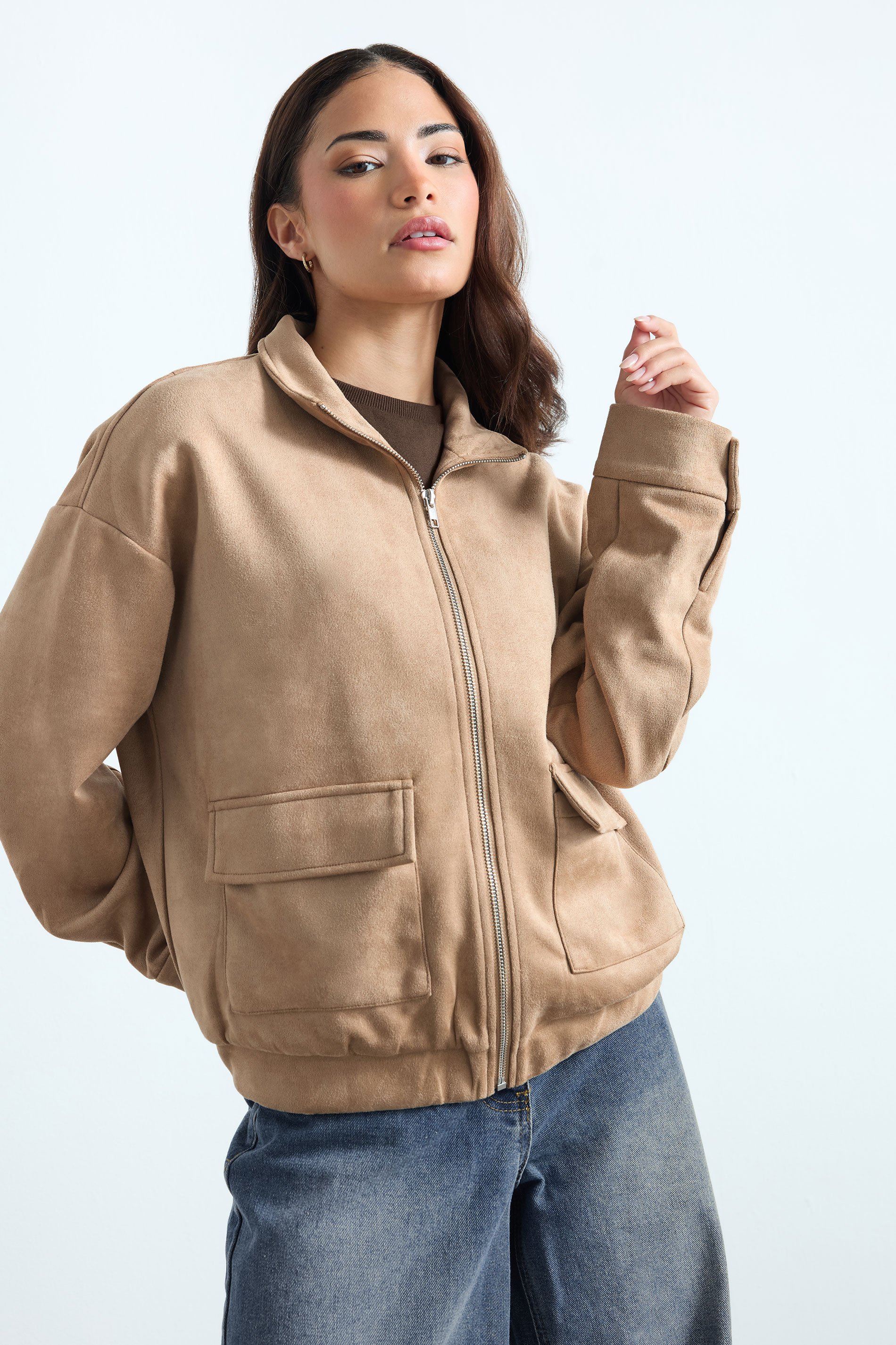 PixieGirl Petite Women's Natural Brown Faux Suede Bomber Jacket | PixieGirl 1