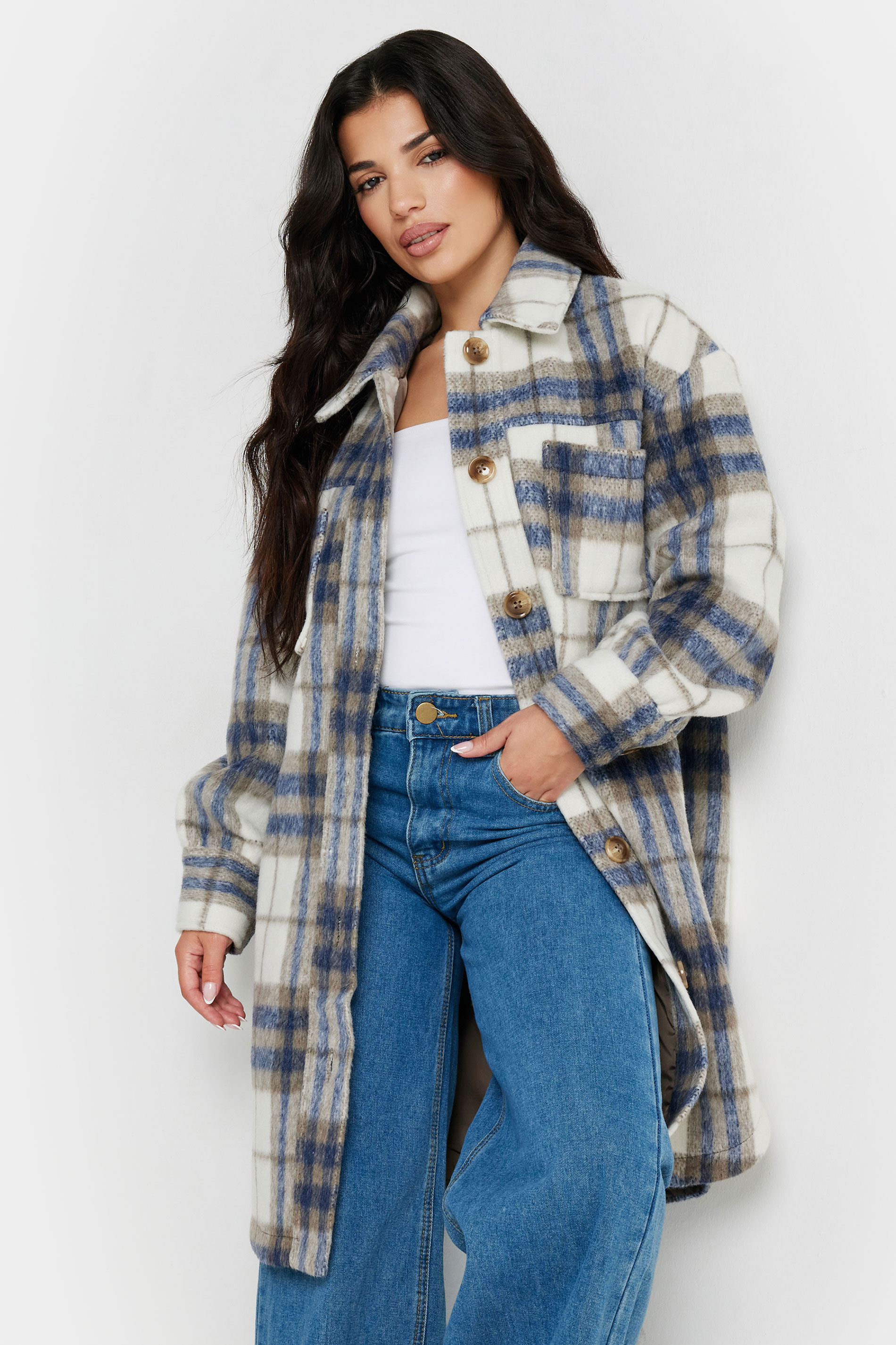 PixieGirl Petite Women's Blue Blurred Check Print Longline Shacket | PixieGirl 2