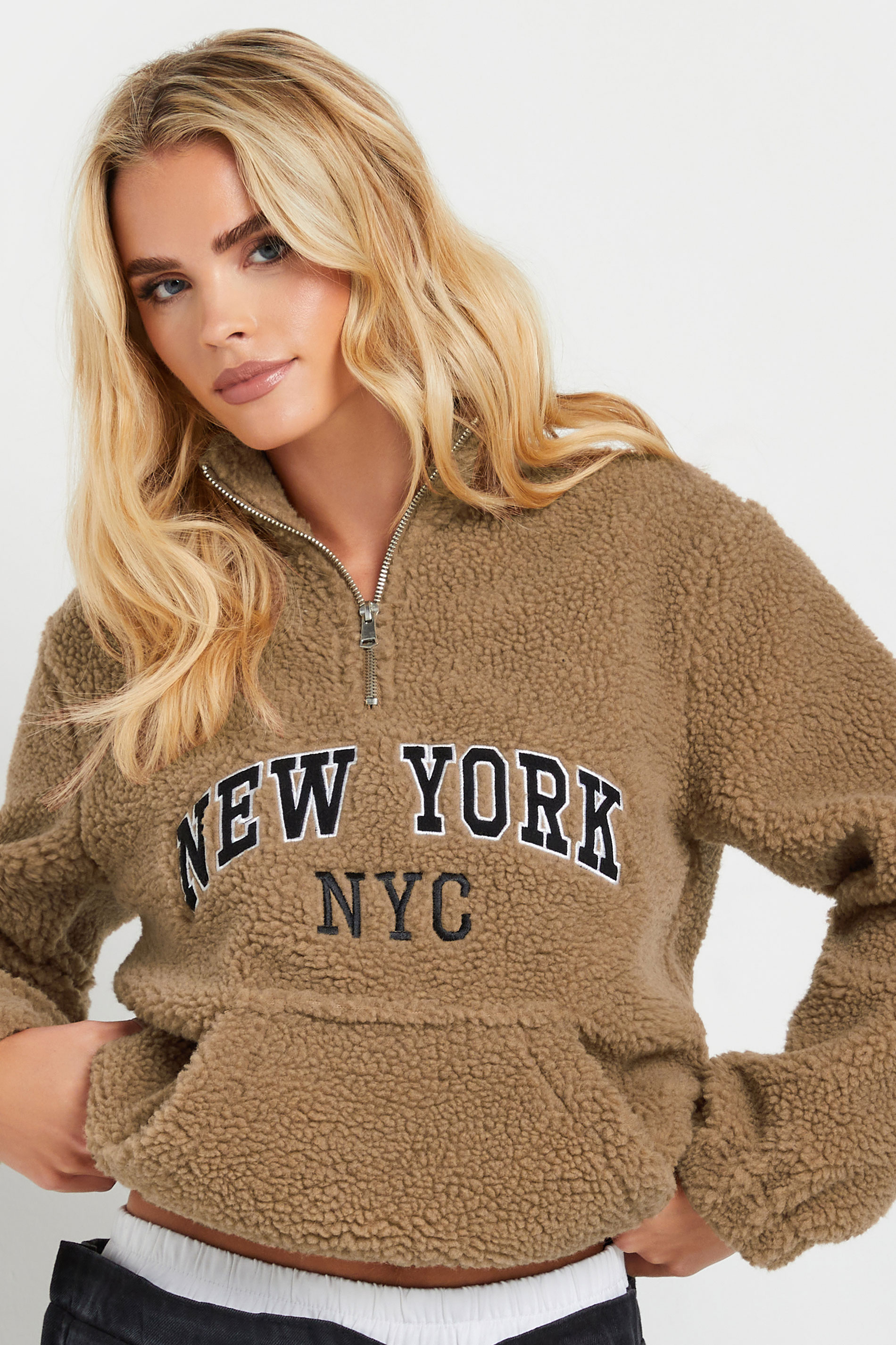 PixieGirl Petite Women's Beige Brown Slogan Half Zip Teddy Fleece | PixieGirl 4