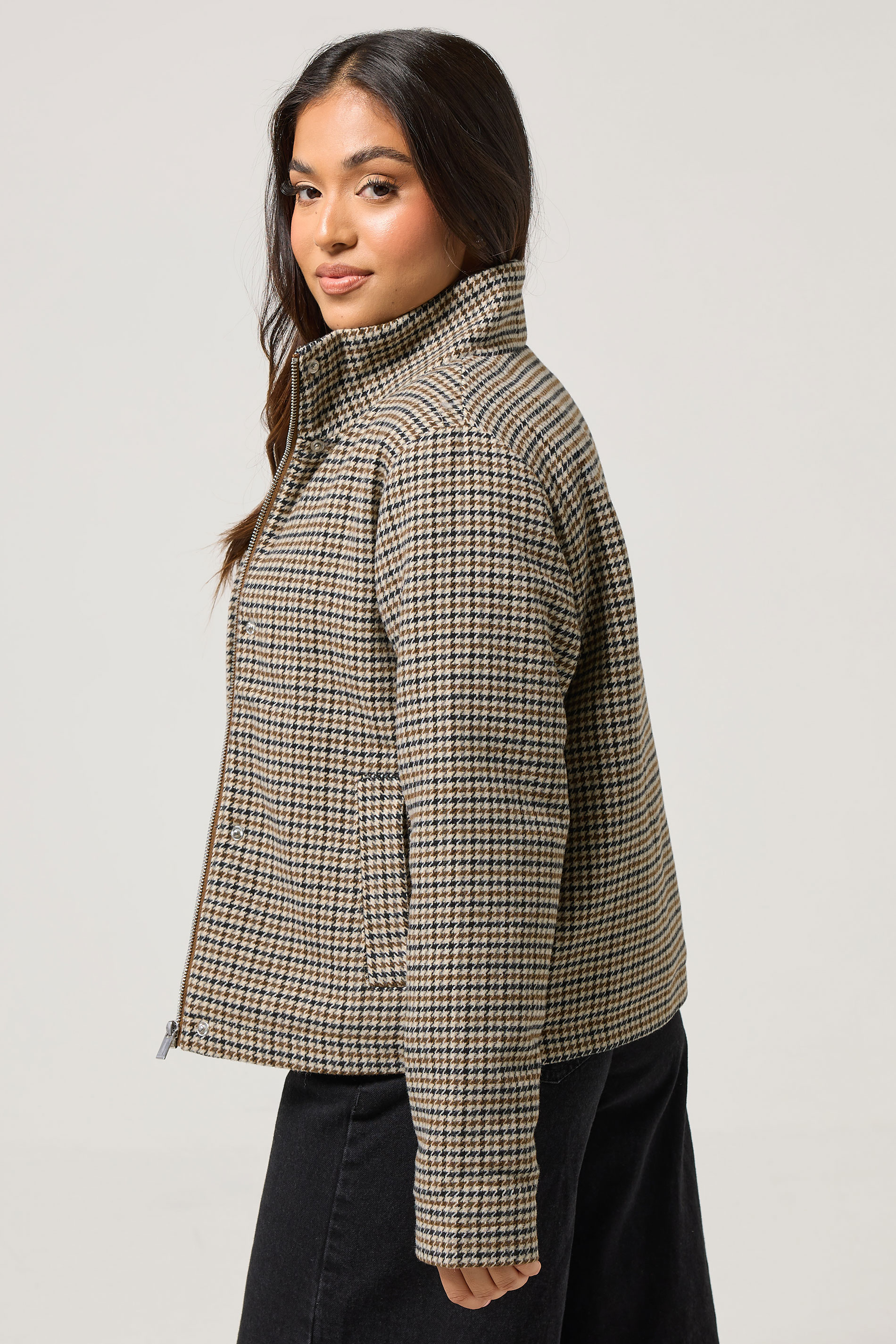 PixieGirl Petite Women's Brown Check Funnel Neck Coat | PixieGirl 3