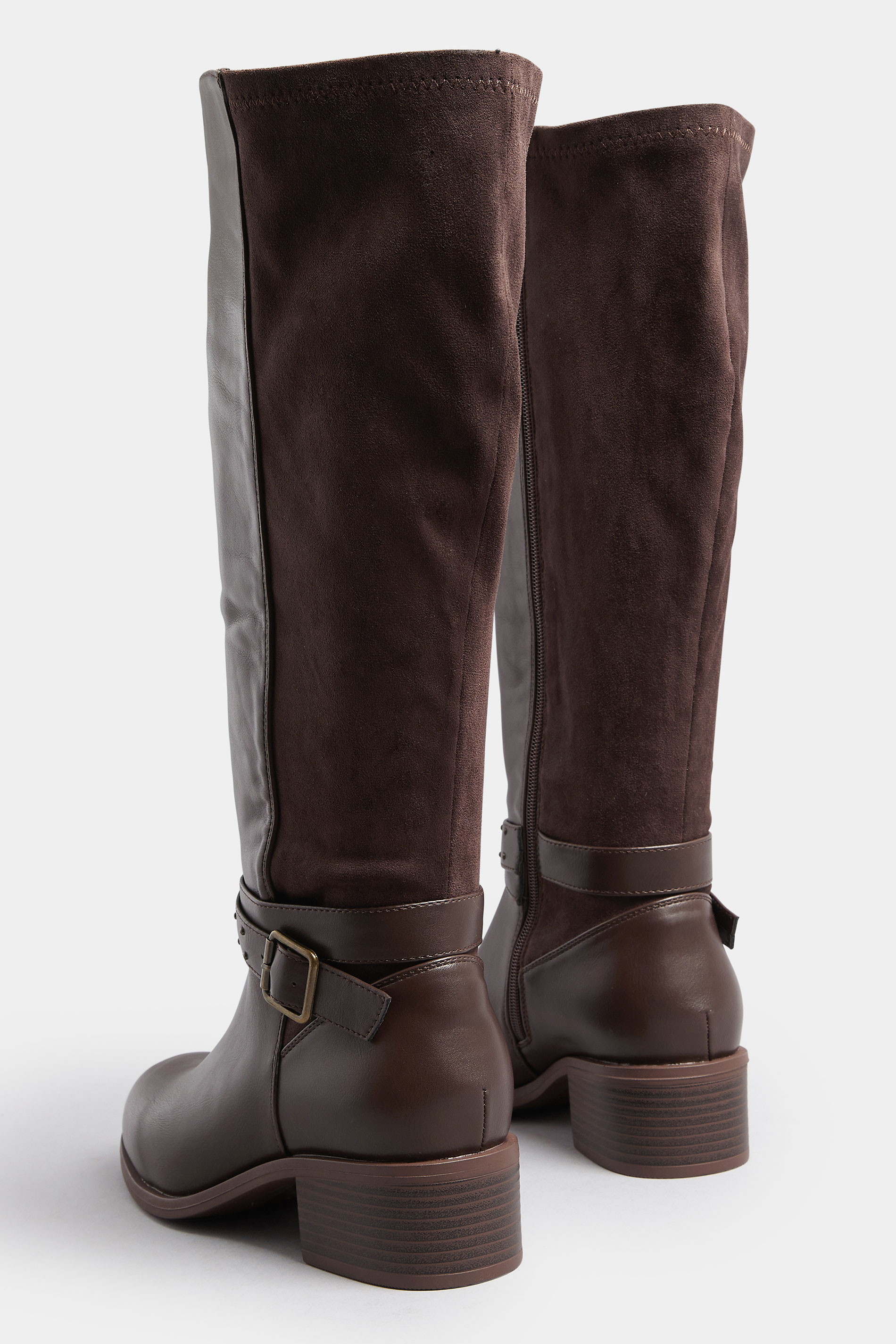 Chocolate Brown Faux Leather Buckle Strap Knee High Boots In Extra Wide EEE Fit | Yours Clothing 4