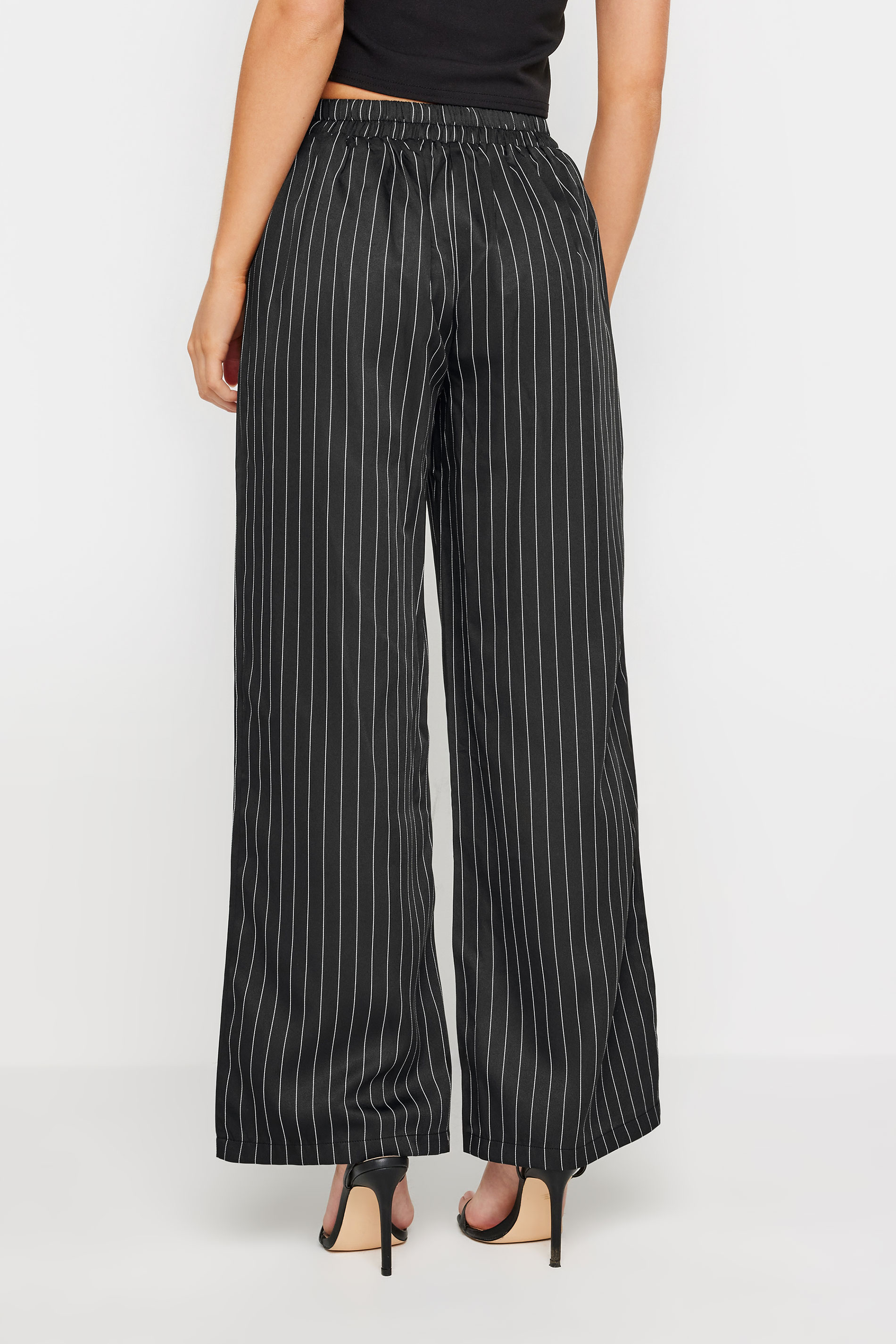 PixieGirl Petite Womens Black Pinstripe Print Wide Leg Trousers | PixieGirl 3