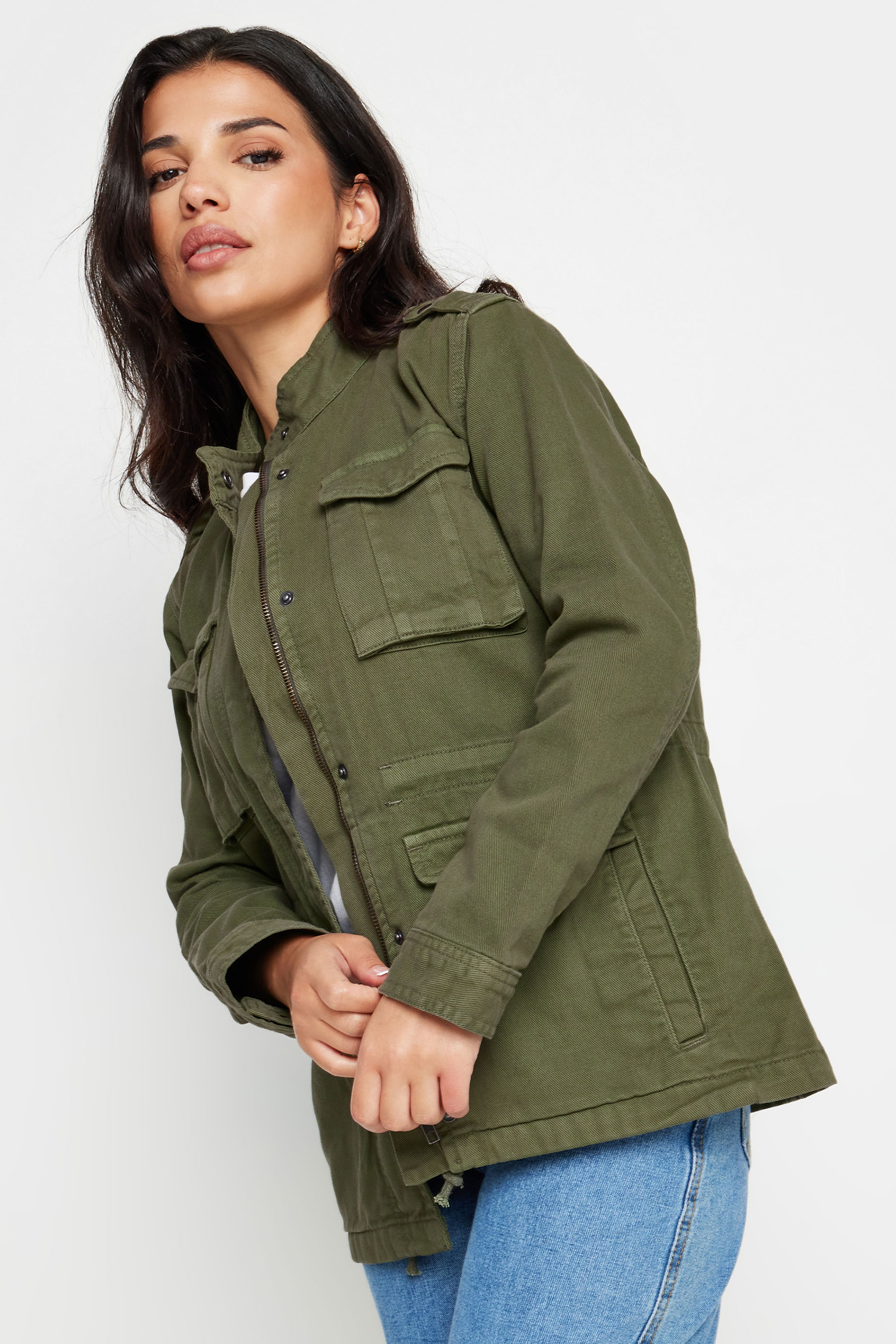 PixieGirl Petite Women's Olive Green Utility Style Denim Jacket | PixieGirl 5