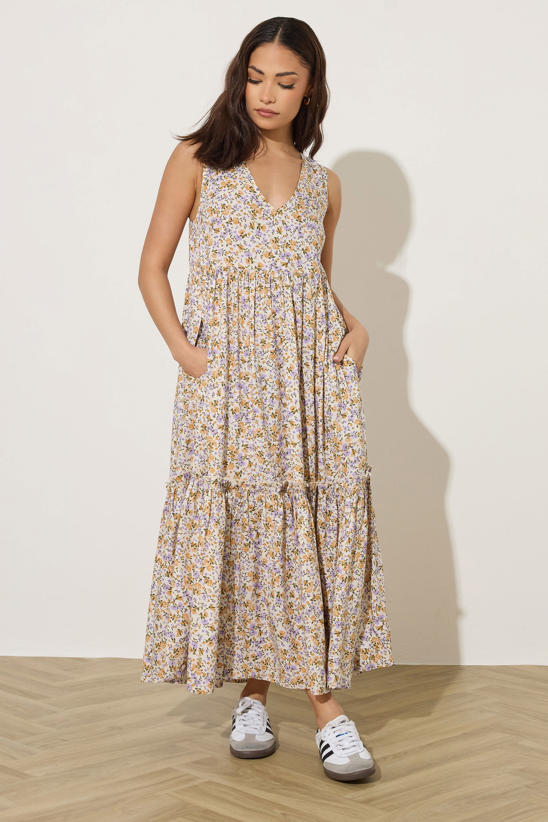 PixieGirl Petite Women's Cream Ditsy Floral Tiered Midi Dress | PixieGirl